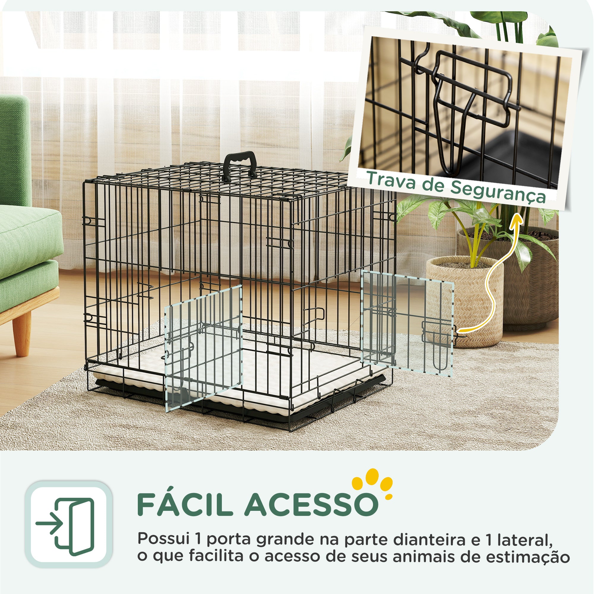 Gaiola para Cães Dobrável Almofadada em Aço 60x40x50 cm - Cor Preto