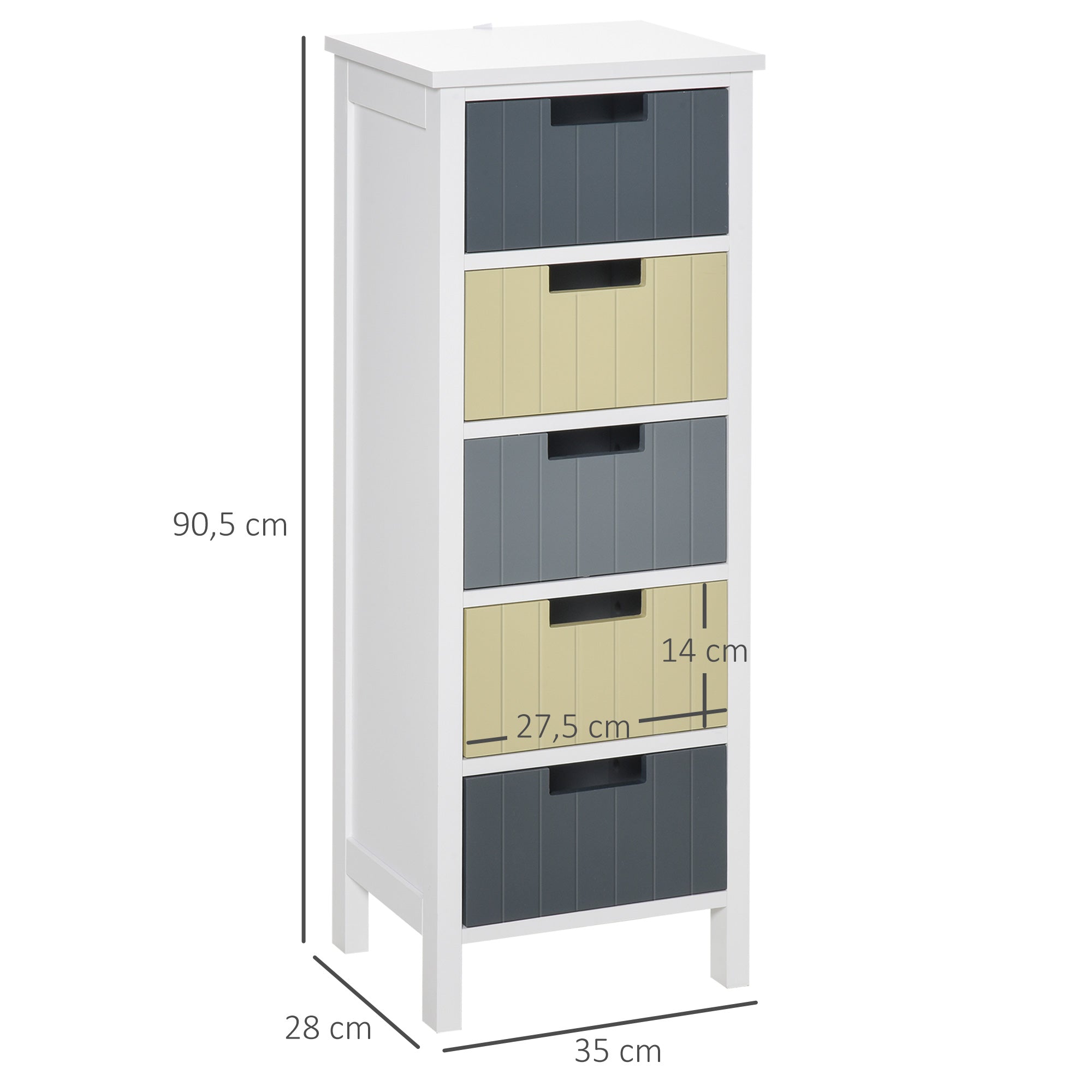 Cómoda de Madeira com 5 Gavetas – 35x28x90,5cm – Branco, Cinza Escuro, Cinza Claro, Bege – MDF