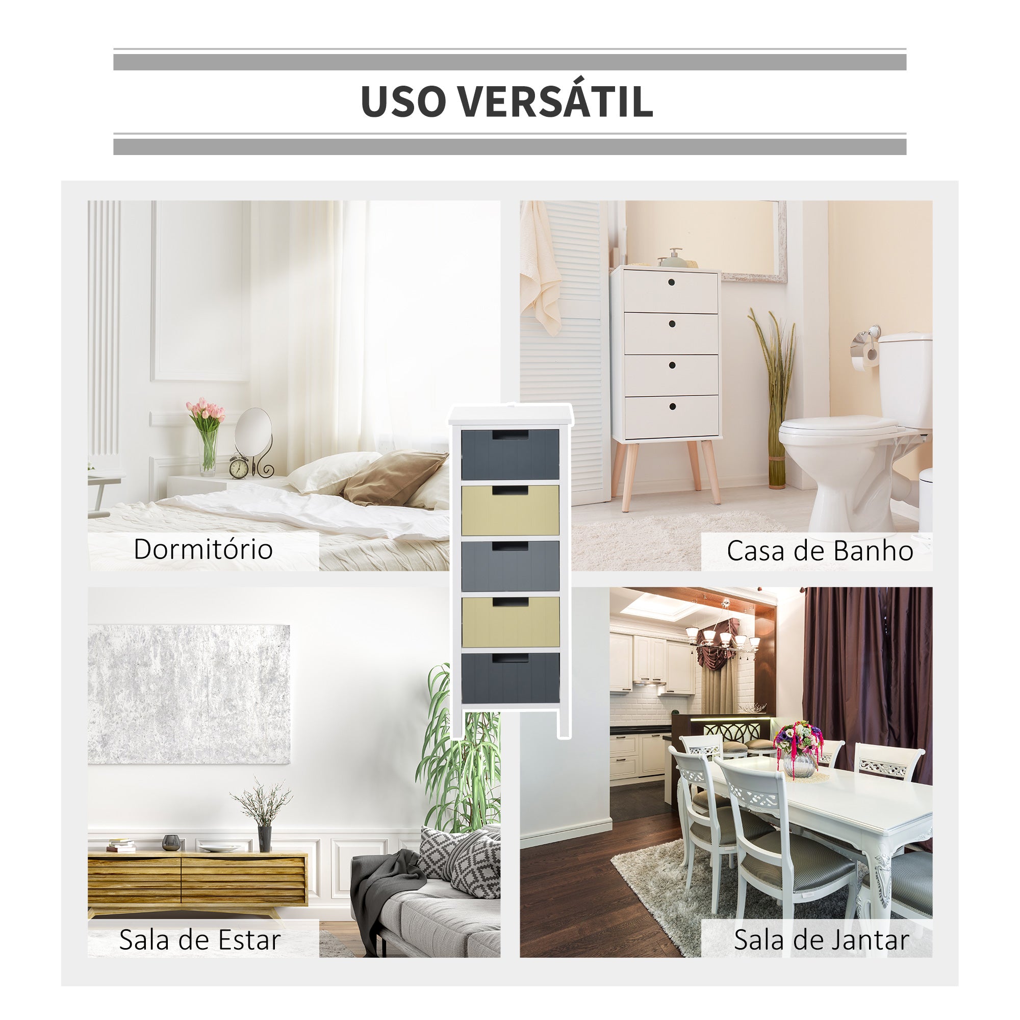 Cómoda de Madeira com 5 Gavetas – 35x28x90,5cm – Branco, Cinza Escuro, Cinza Claro, Bege – MDF