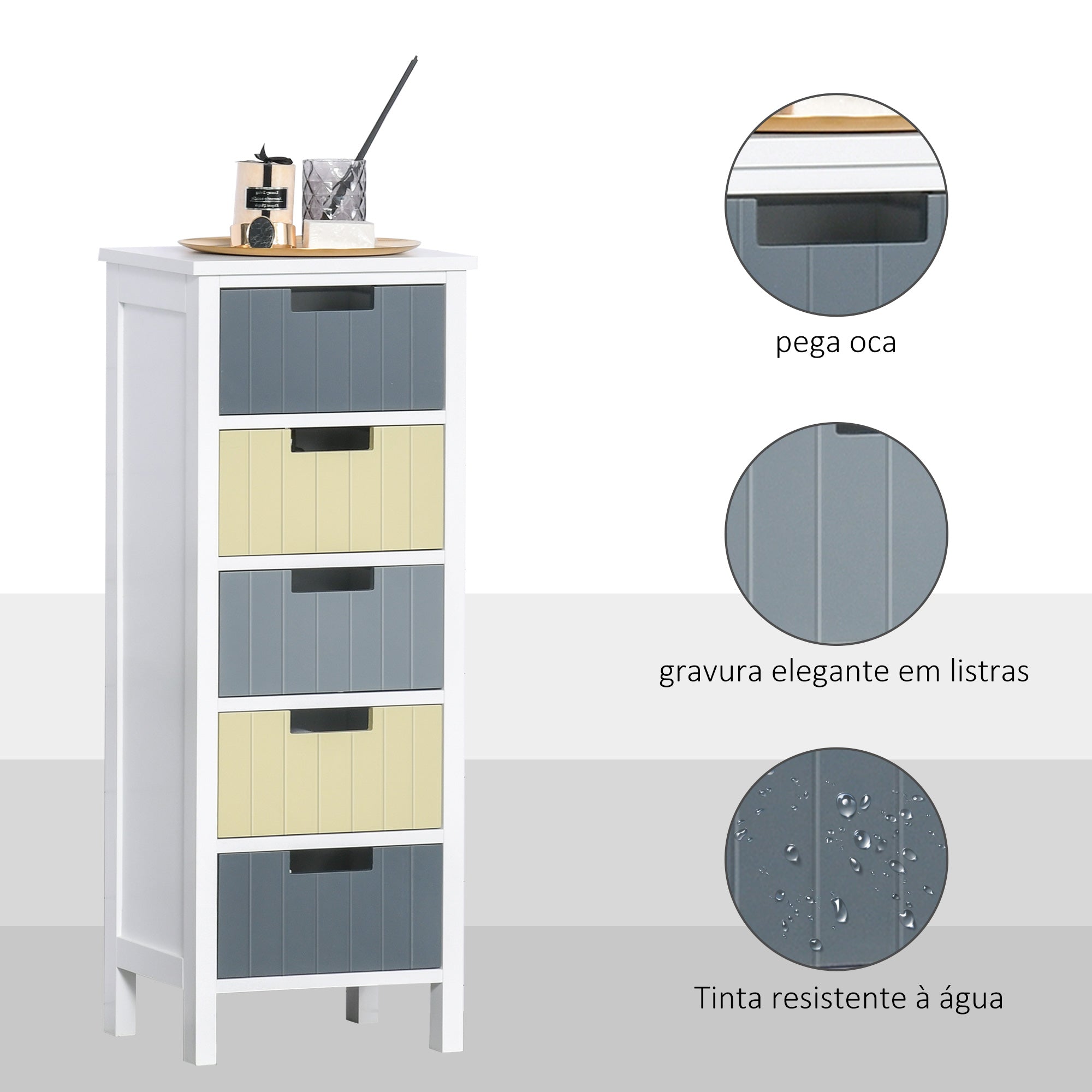 Cómoda de Madeira com 5 Gavetas – 35x28x90,5cm – Branco, Cinza Escuro, Cinza Claro, Bege – MDF