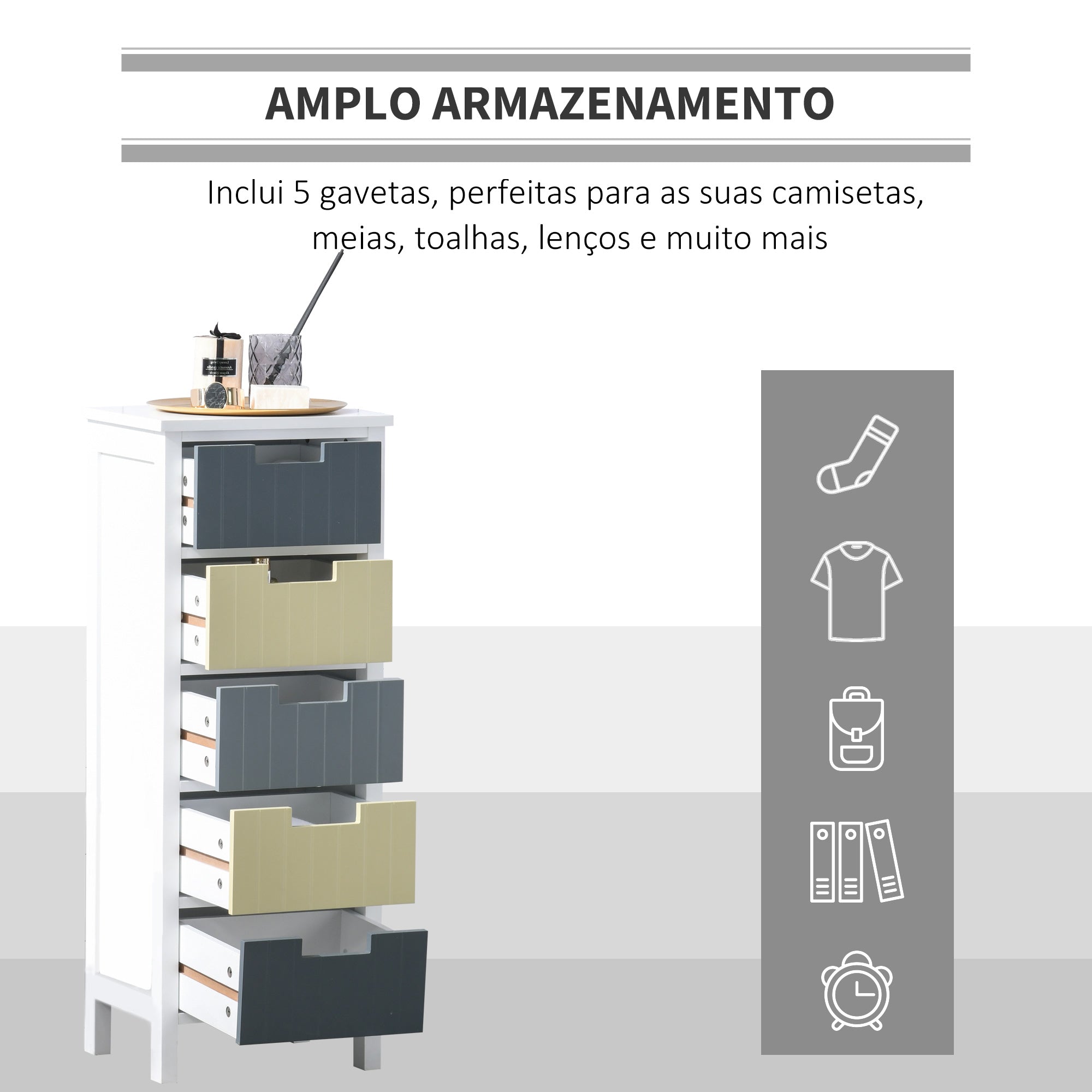 Cómoda de Madeira com 5 Gavetas – 35x28x90,5cm – Branco, Cinza Escuro, Cinza Claro, Bege – MDF