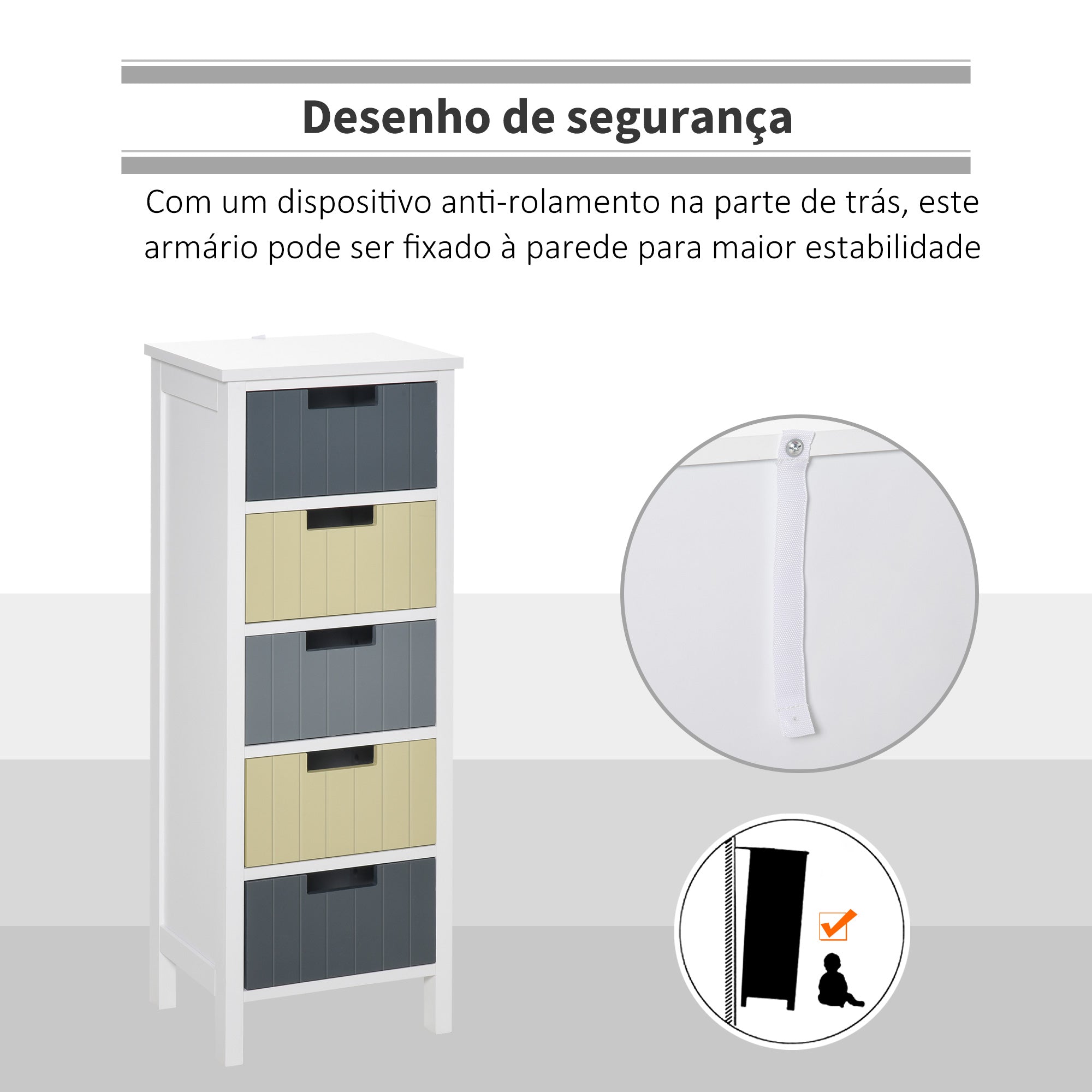 Cómoda de Madeira com 5 Gavetas – 35x28x90,5cm – Branco, Cinza Escuro, Cinza Claro, Bege – MDF
