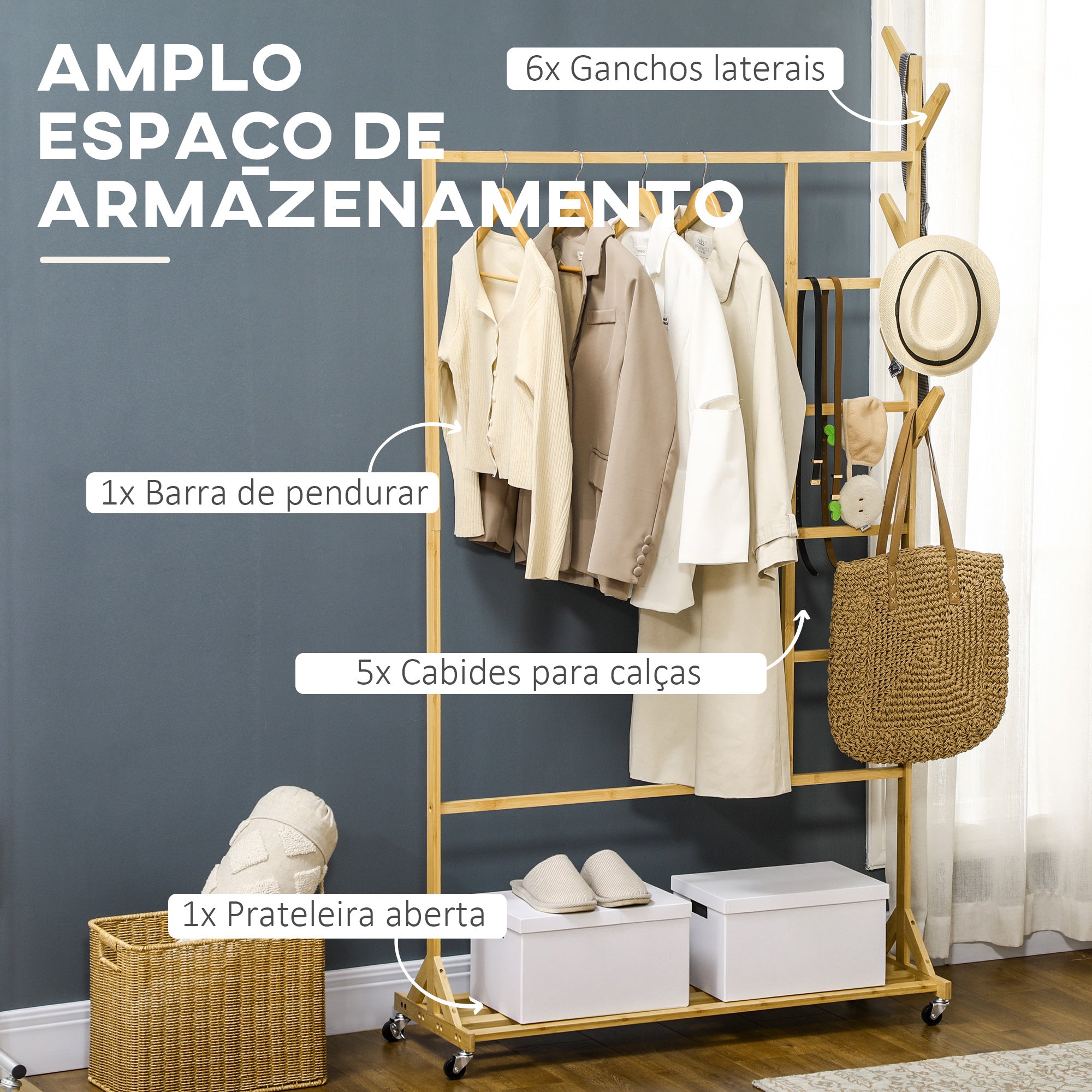 Suporte para Cabides de Bambu com Rodas Multifuncional 100x37x191 cm - Cor de Madeira Natural