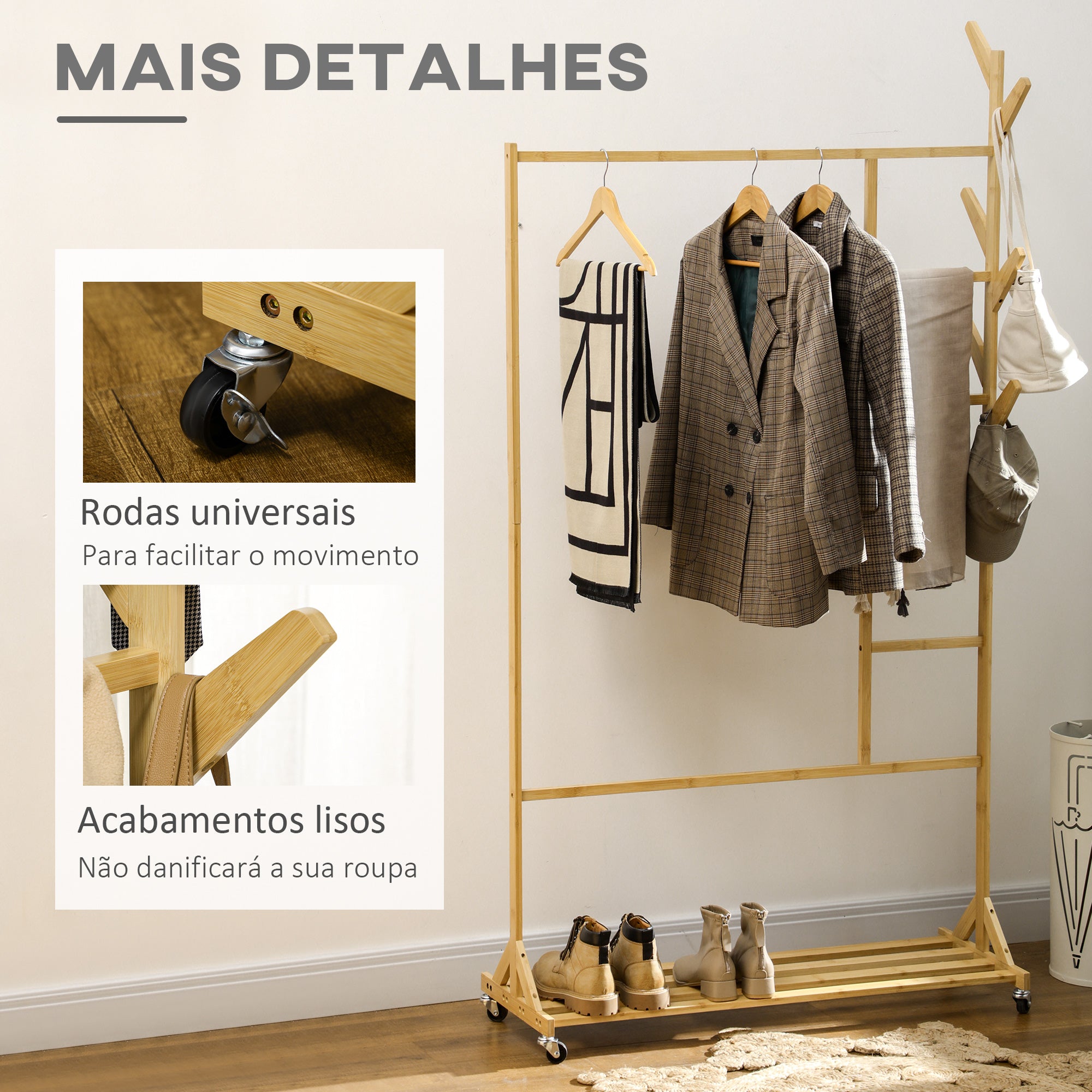 Suporte para Cabides de Bambu com Rodas Multifuncional 100x37x191 cm - Cor de Madeira Natural