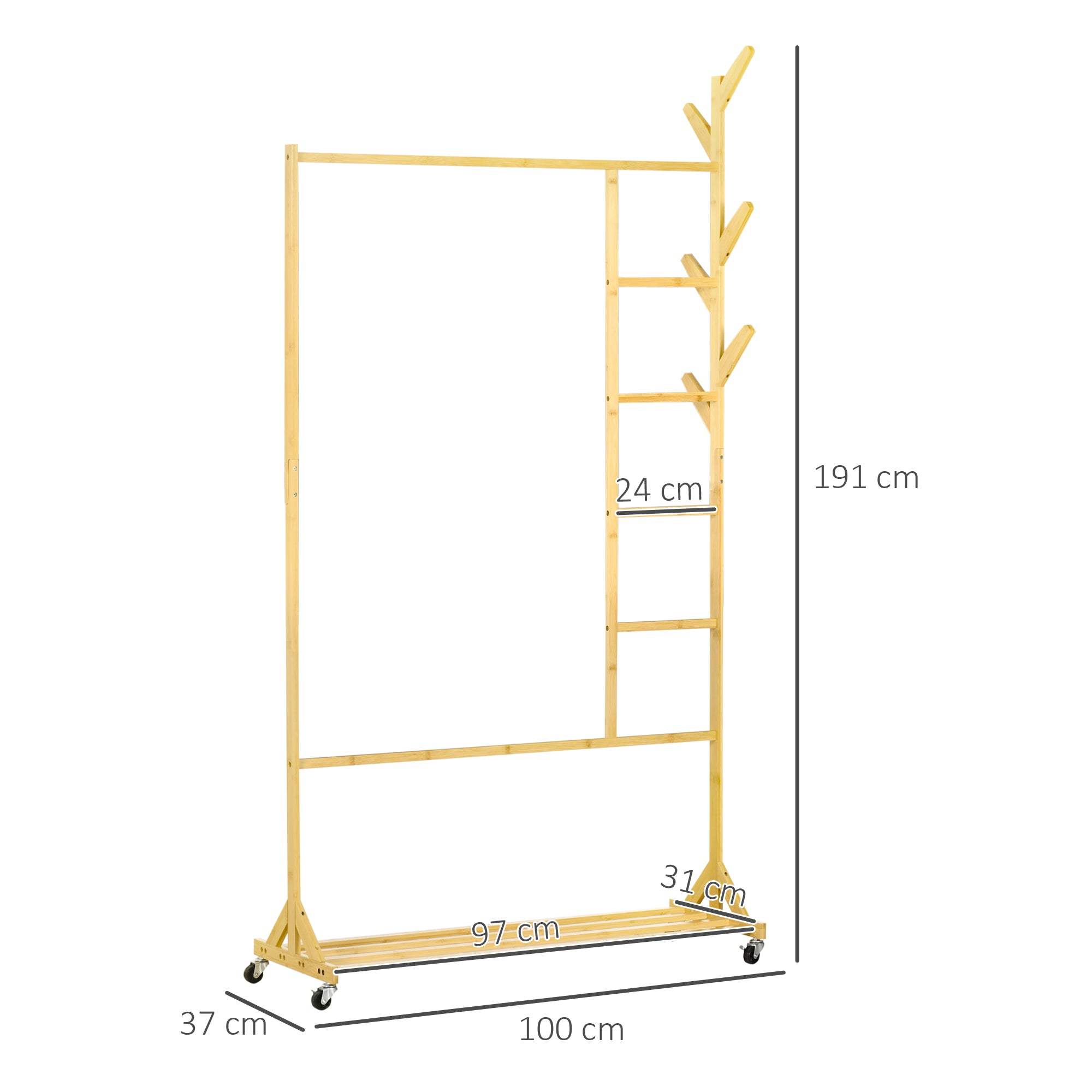 Suporte para Cabides de Bambu com Rodas Multifuncional 100x37x191 cm - Cor de Madeira Natural