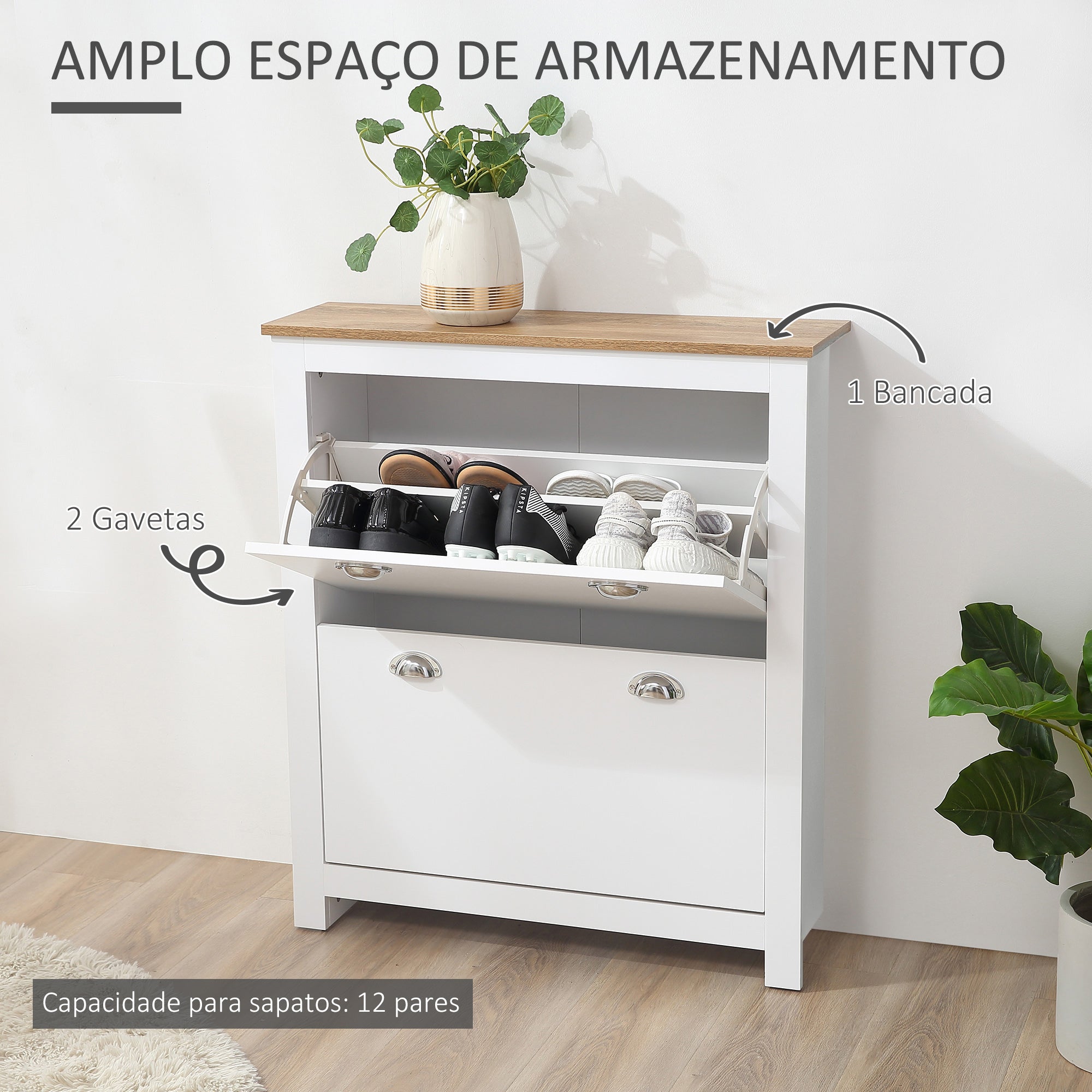 Sapateira Estreita com 2 Gavetas Abatíveis para 12 Pares de Sapatos - Branco 79x23x90,5 cm