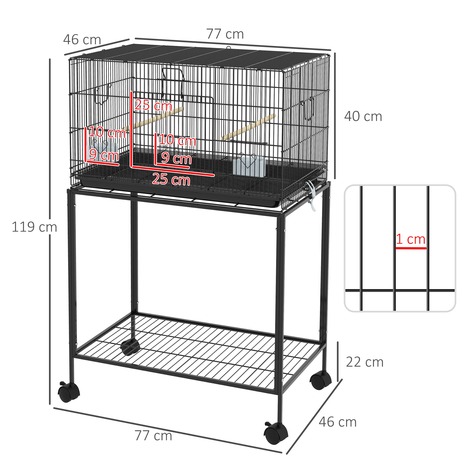 Gaiola para Pássaros Grande – 77x46x119 cm – Cor Preto – Aço e PP