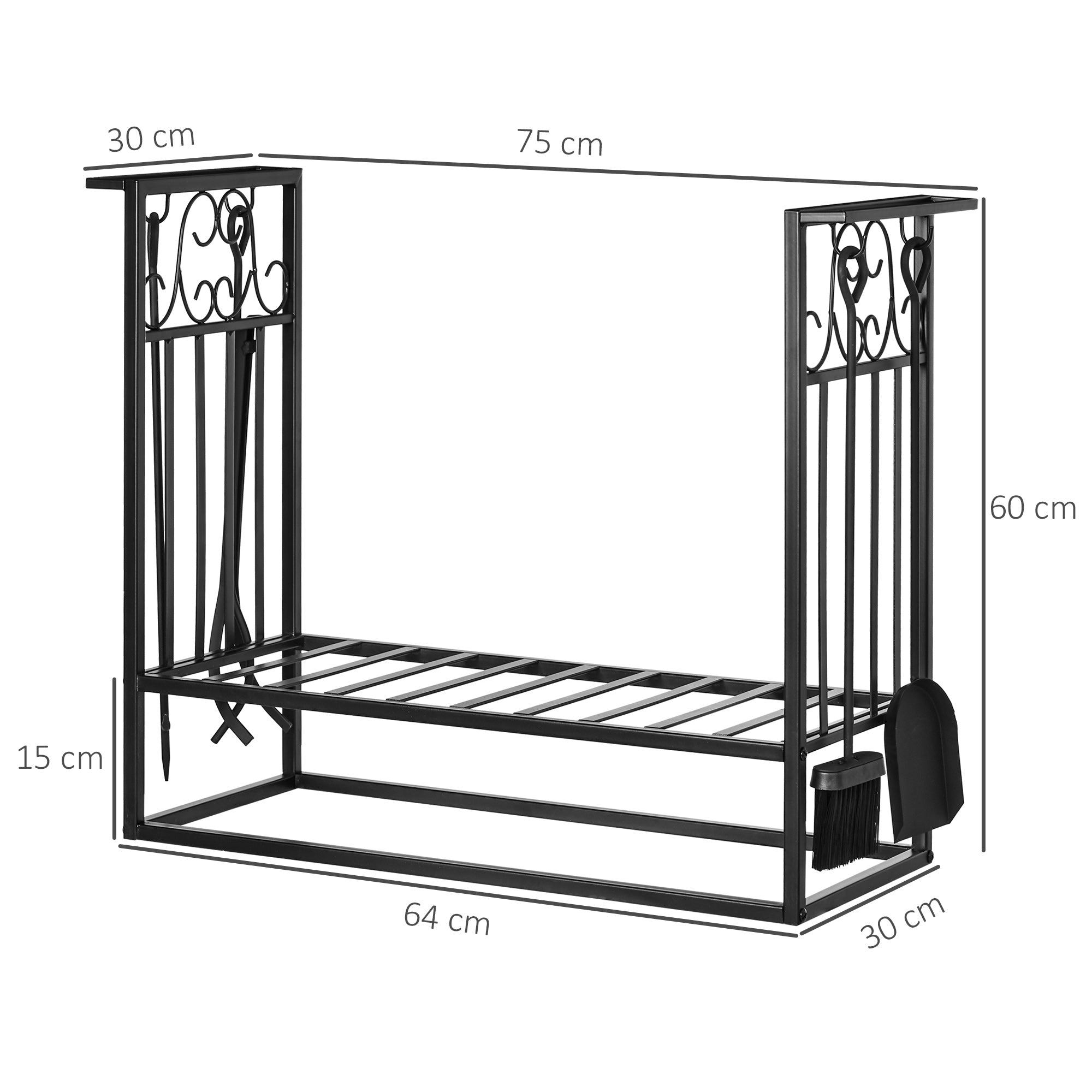 Suporte para Lenhas 75x30x60 cm Preto - Design Vintage com 4 Ferramentas