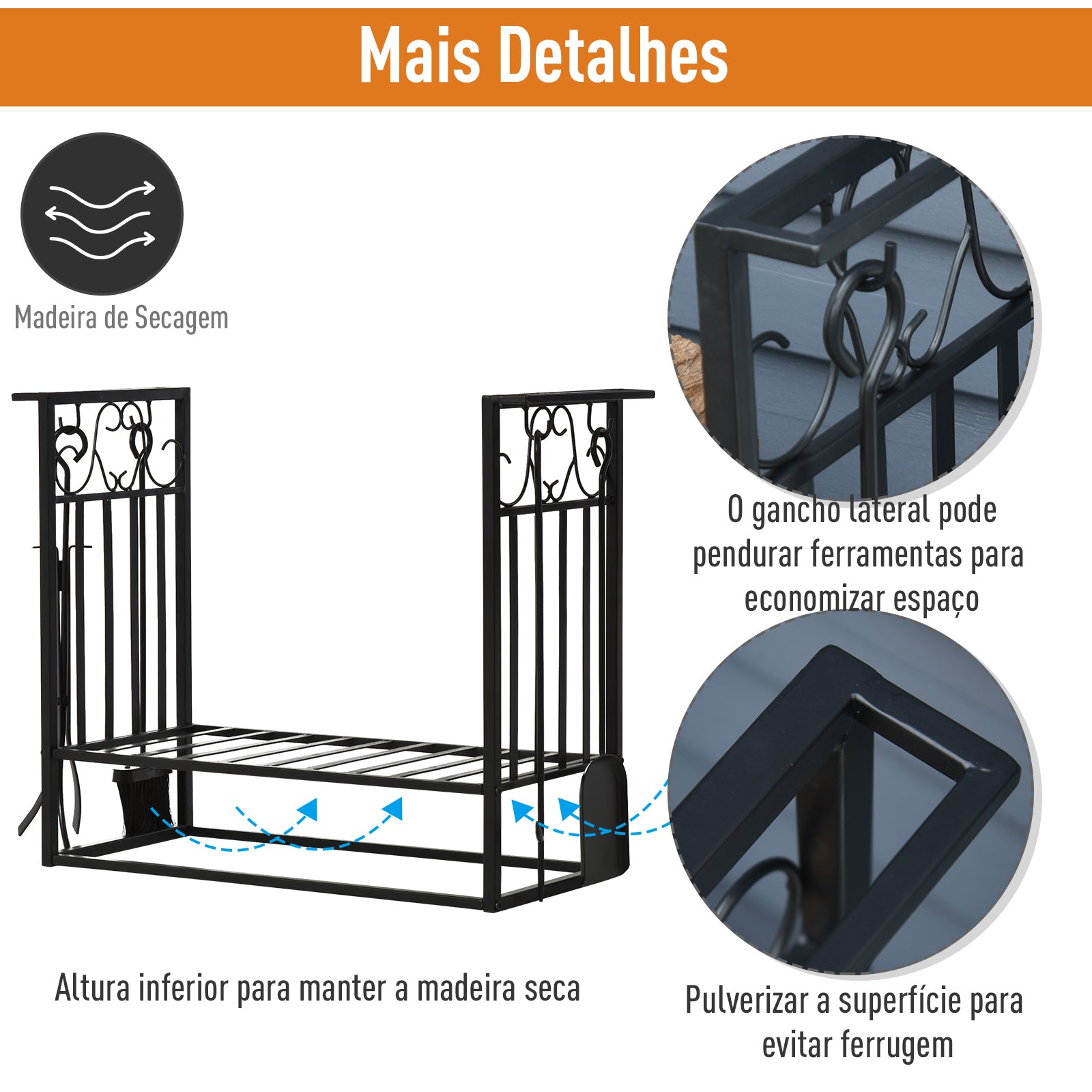 Suporte para Lenhas 75x30x60 cm Preto - Design Vintage com 4 Ferramentas