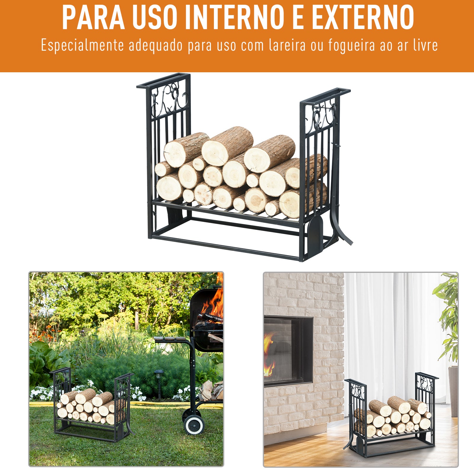 Suporte para Lenhas 75x30x60 cm Preto - Design Vintage com 4 Ferramentas