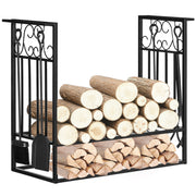 Suporte para Lenhas 75x30x60 cm Preto - Design Vintage com 4 Ferramentas