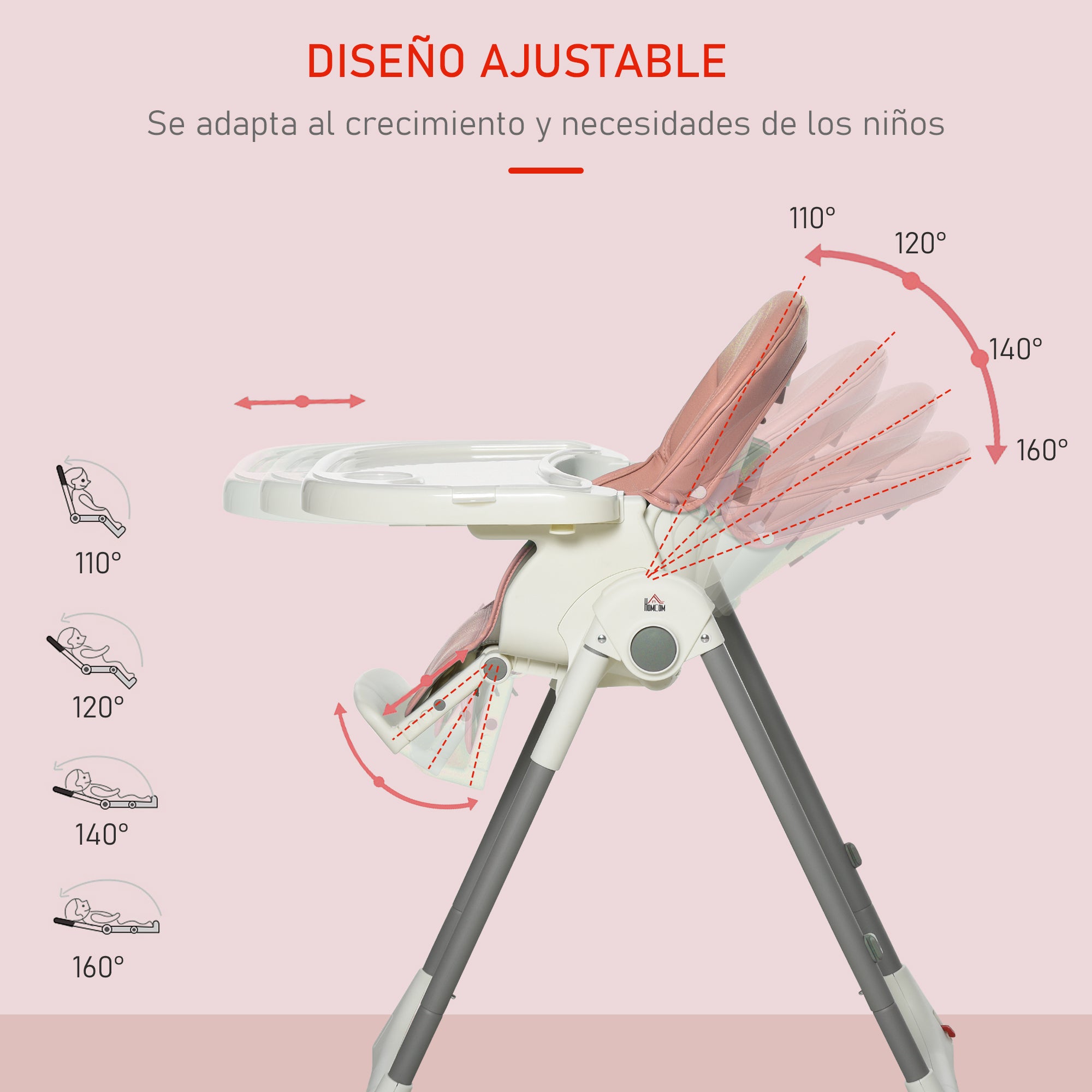 Cadeira de Refeição Rosa Ajustável e Dobrável 55x80x104 cm