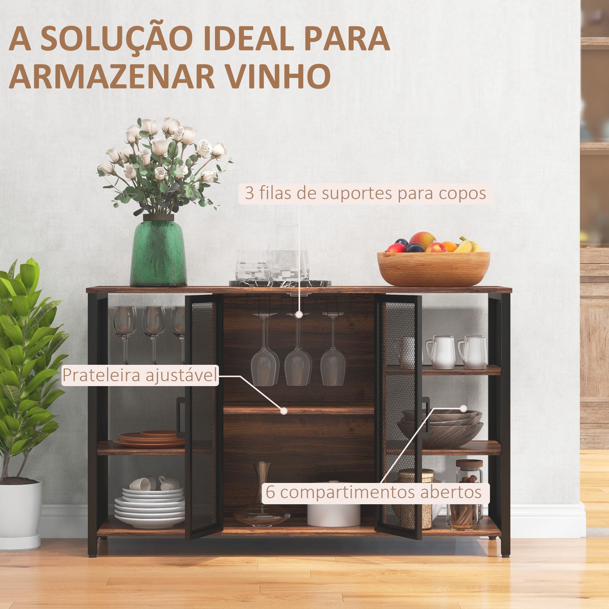 Aparador de Cozinha Industrial com 6 Prateleiras 120x40x76 cm - Castanho Rústico