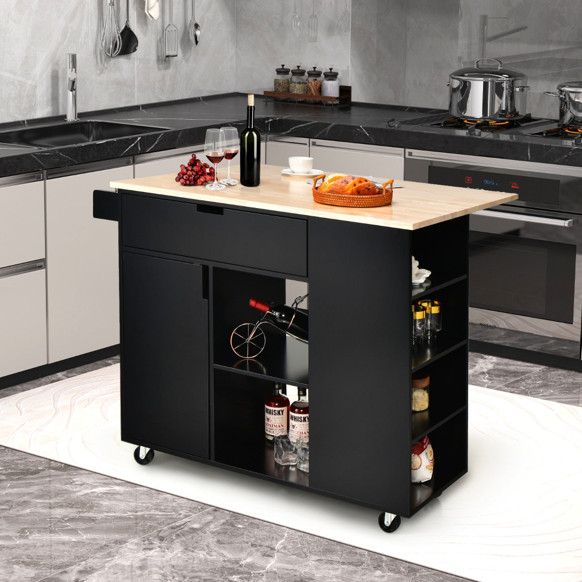 Ilha de Cozinha com Tampo Rebatível Carrinho de Serviço com Rodas em Borracha Madeira MDF com Gaveta Armário Estante 124 x 76 x 92 cm Preto