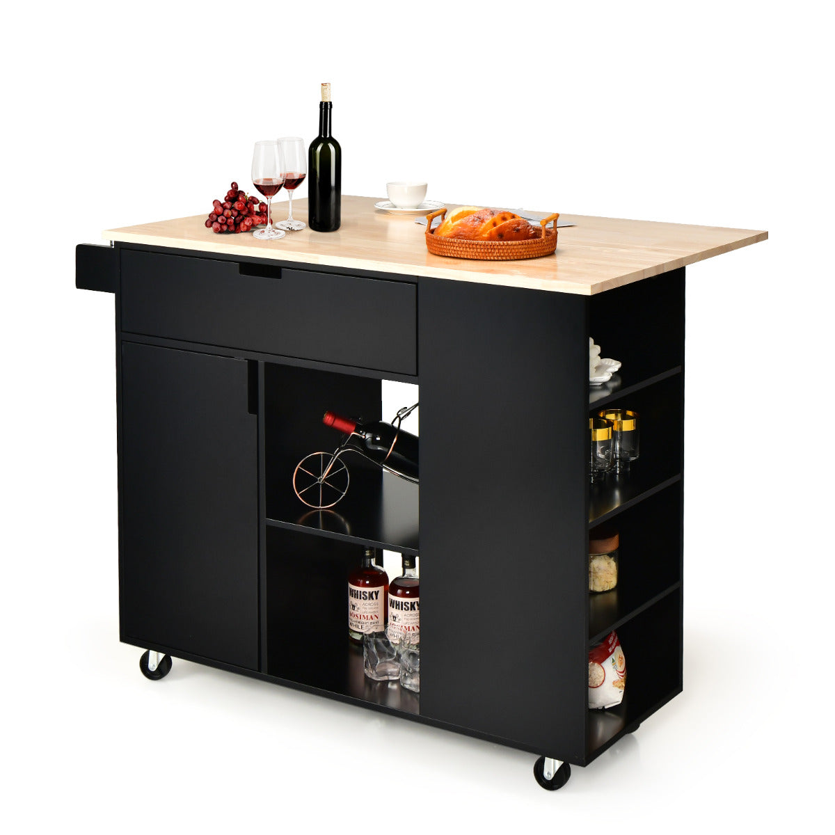 Ilha de Cozinha com Tampo Rebatível Carrinho de Serviço com Rodas em Borracha Madeira MDF com Gaveta Armário Estante 124 x 76 x 92 cm Preto