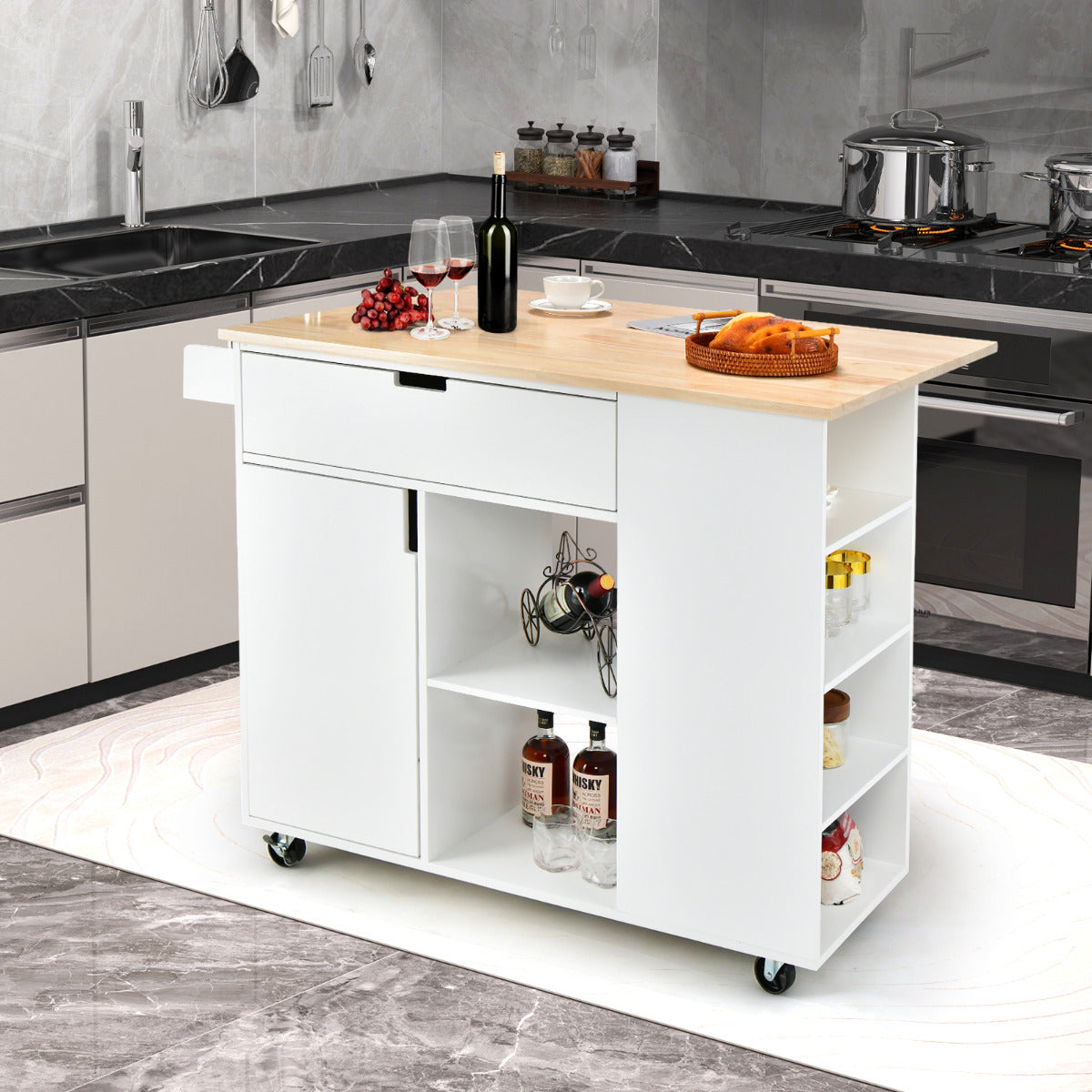 Ilha de Cozinha com Tampo Rebatível Carrinho de Serviço com Rodas em Borracha Tamanho 124 x 76 x 92 cm Branco