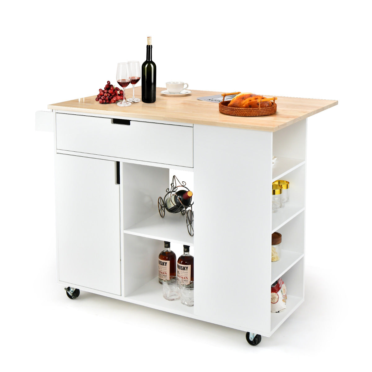 Ilha de Cozinha com Tampo Rebatível Carrinho de Serviço com Rodas em Borracha Tamanho 124 x 76 x 92 cm Branco