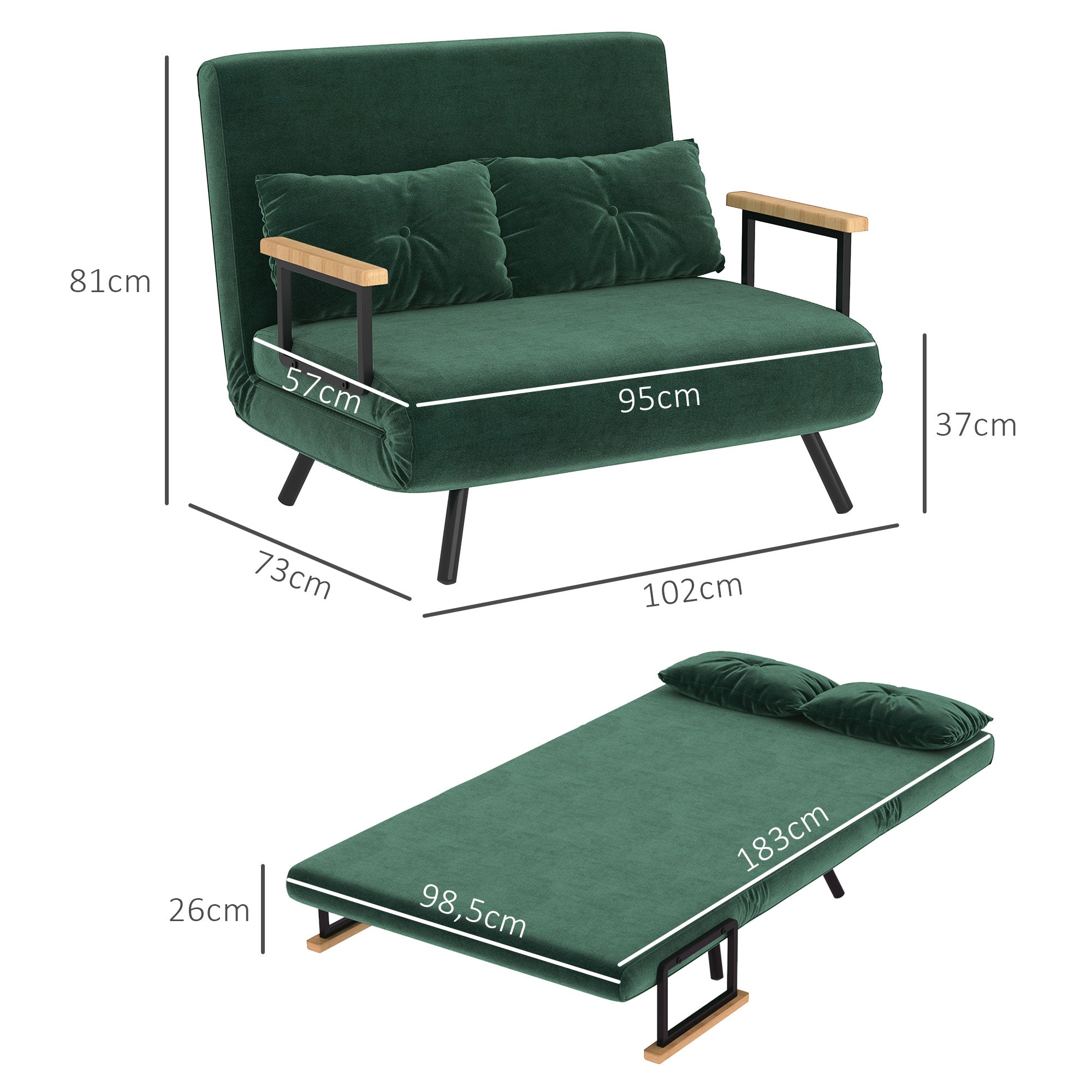 Sofá Cama Verde Convertível em Cama de 2 Lugares 102x73x81 cm