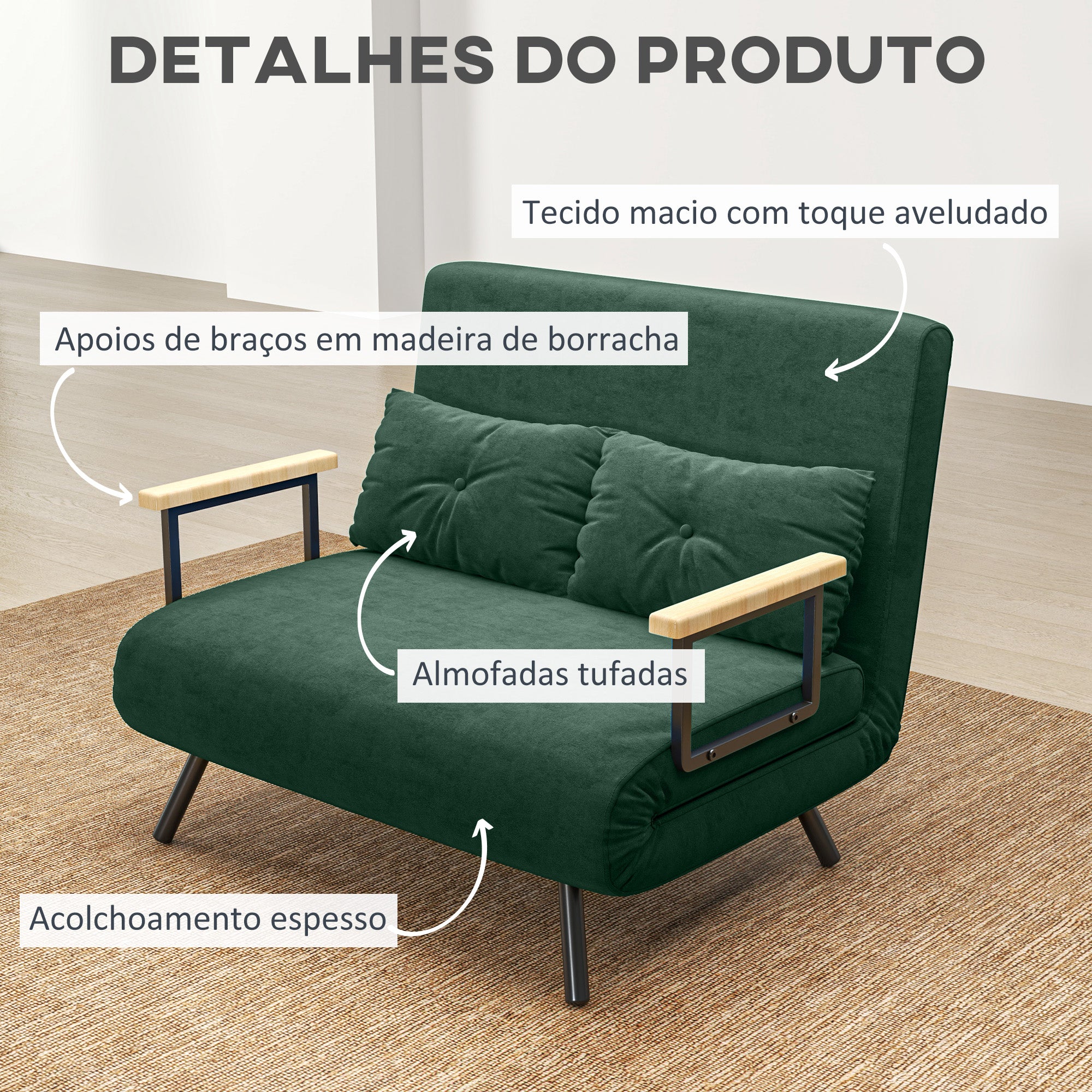 Sofá Cama Verde Convertível em Cama de 2 Lugares 102x73x81 cm