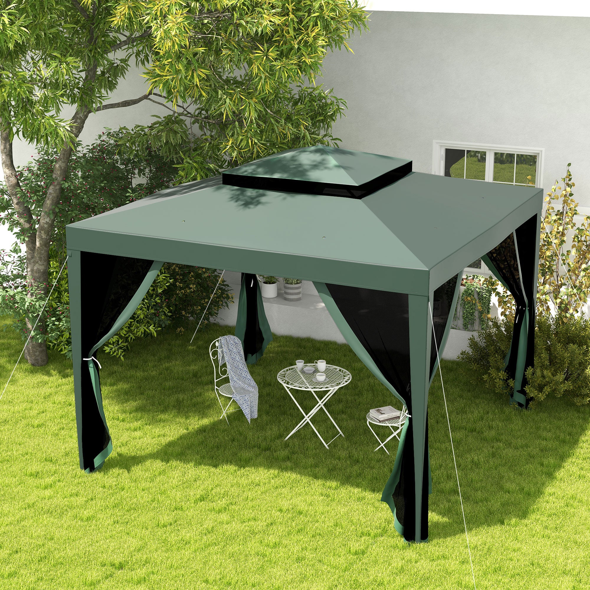 Pérgola de Jardim Verde 297x297x268 cm com Mosquiteiras Destacáveis