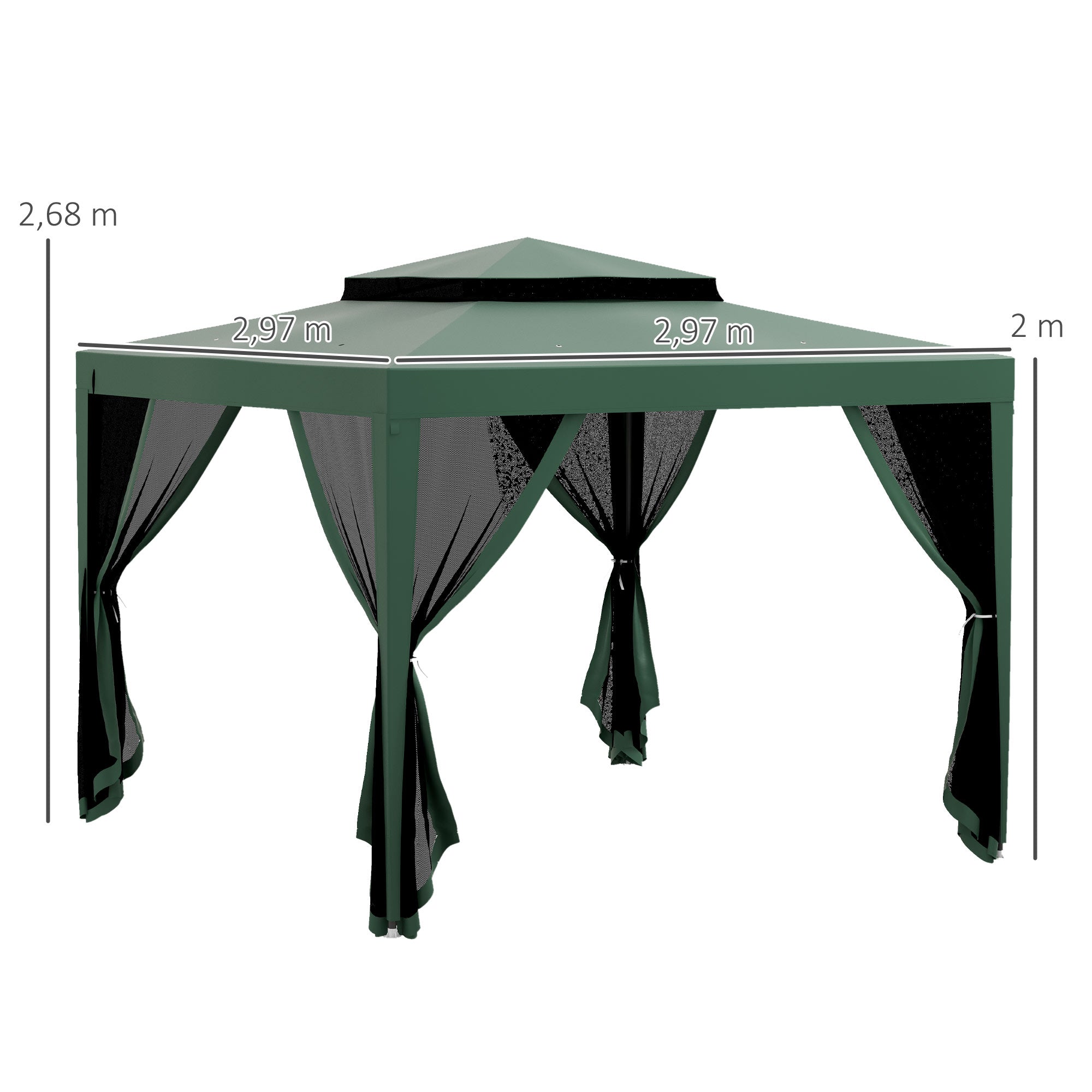Pérgola de Jardim Verde 297x297x268 cm com Mosquiteiras Destacáveis