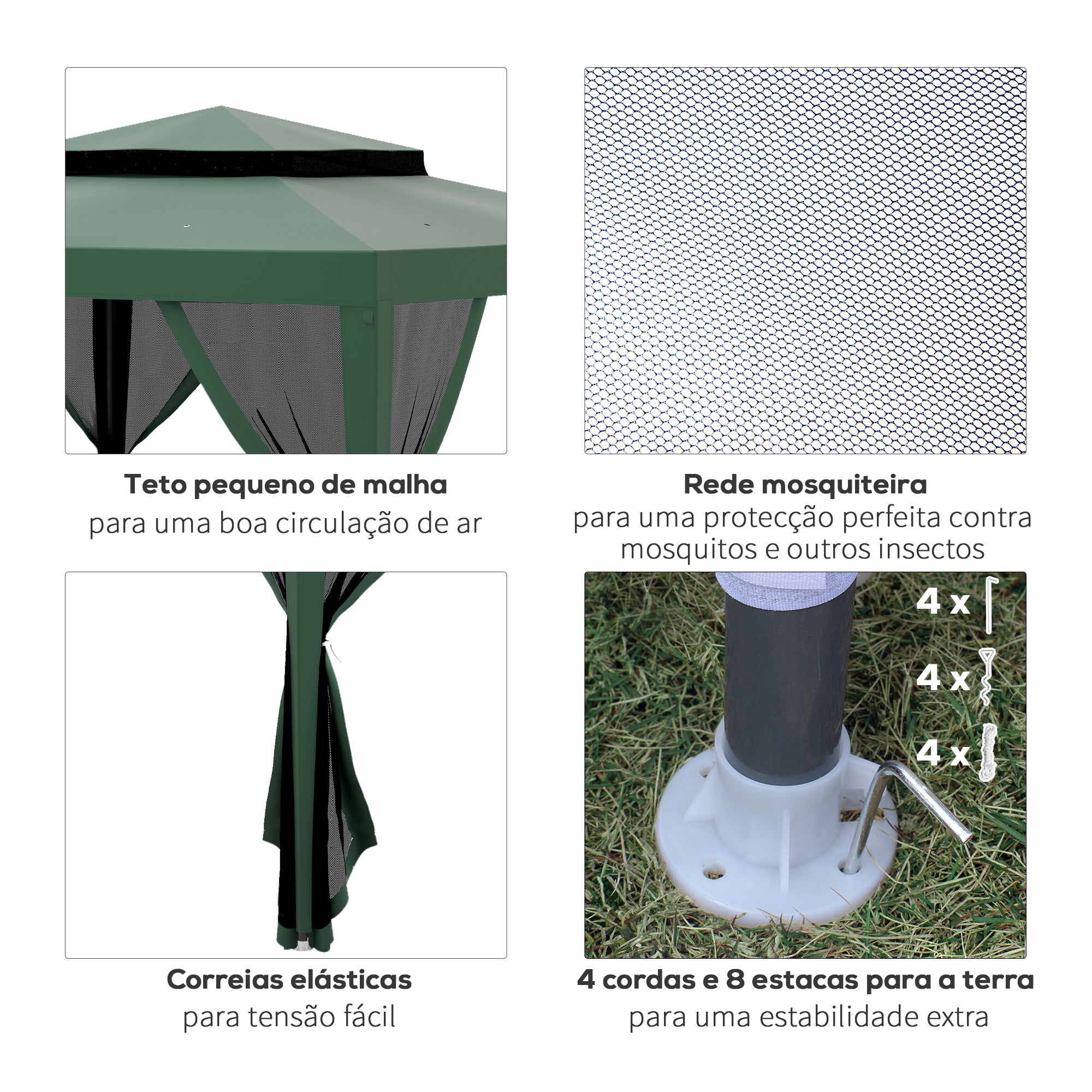 Pérgola de Jardim Verde 297x297x268 cm com Mosquiteiras Destacáveis