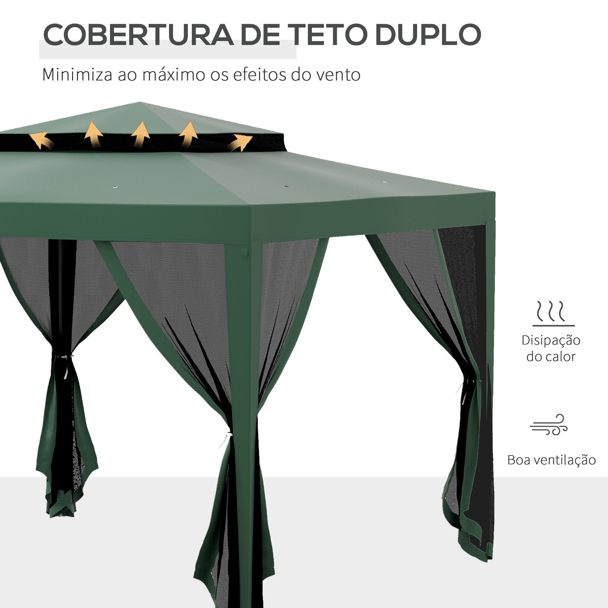 Pérgola de Jardim Verde 297x297x268 cm com Mosquiteiras Destacáveis