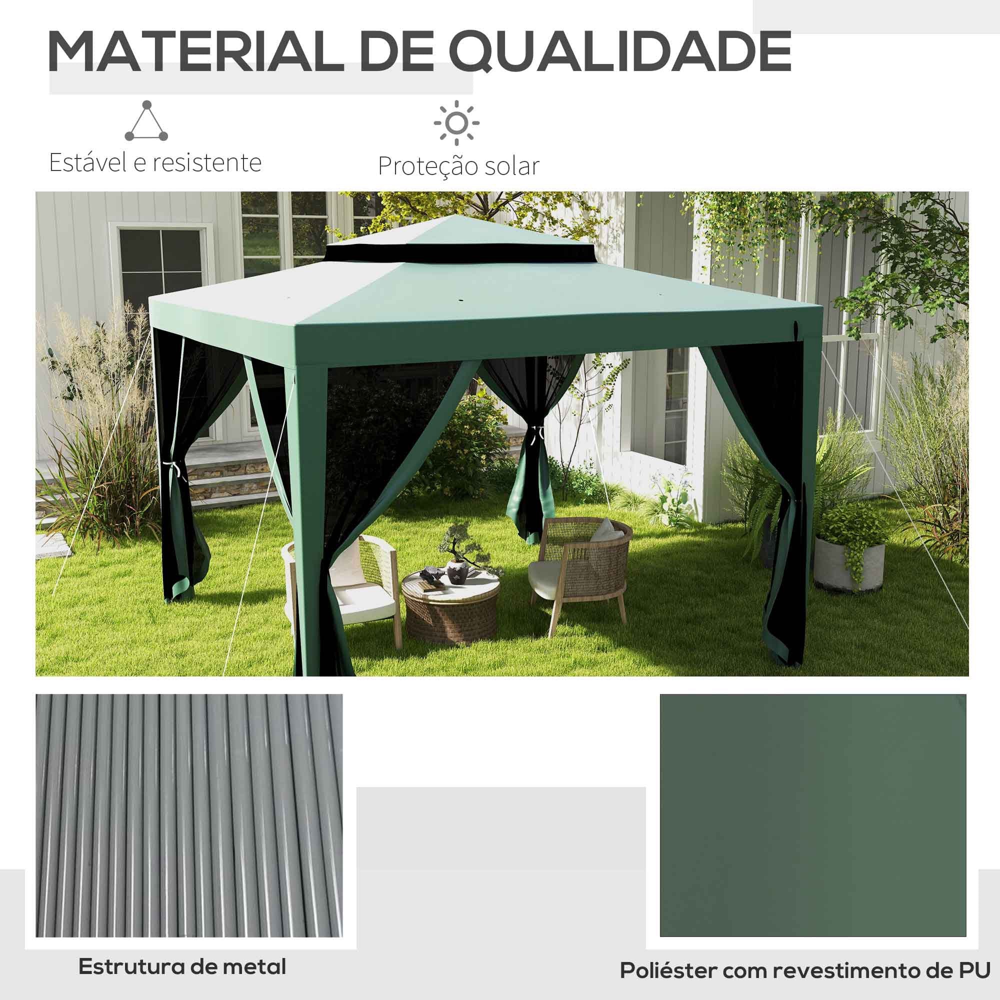 Pérgola de Jardim Verde 297x297x268 cm com Mosquiteiras Destacáveis