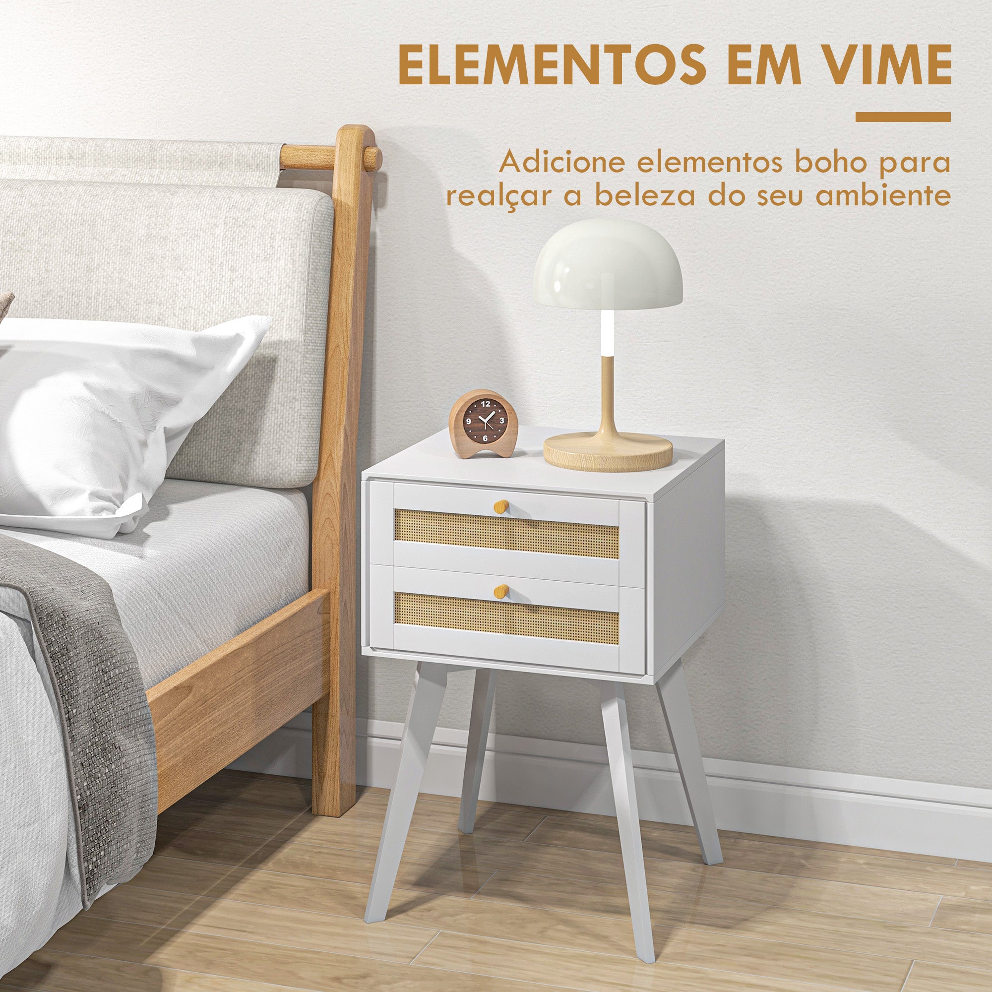 Mesa de Cabeceira Branca Estilo Boho com 2 Gavetas de Vime 40x40x60 cm