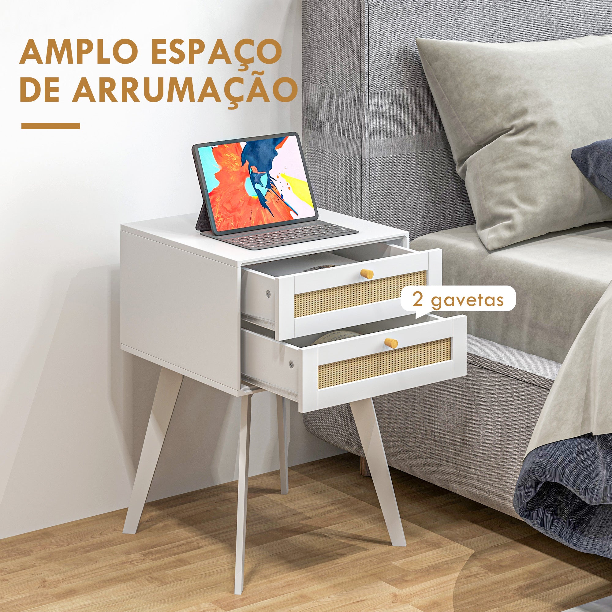 Mesa de Cabeceira Branca Estilo Boho com 2 Gavetas de Vime 40x40x60 cm