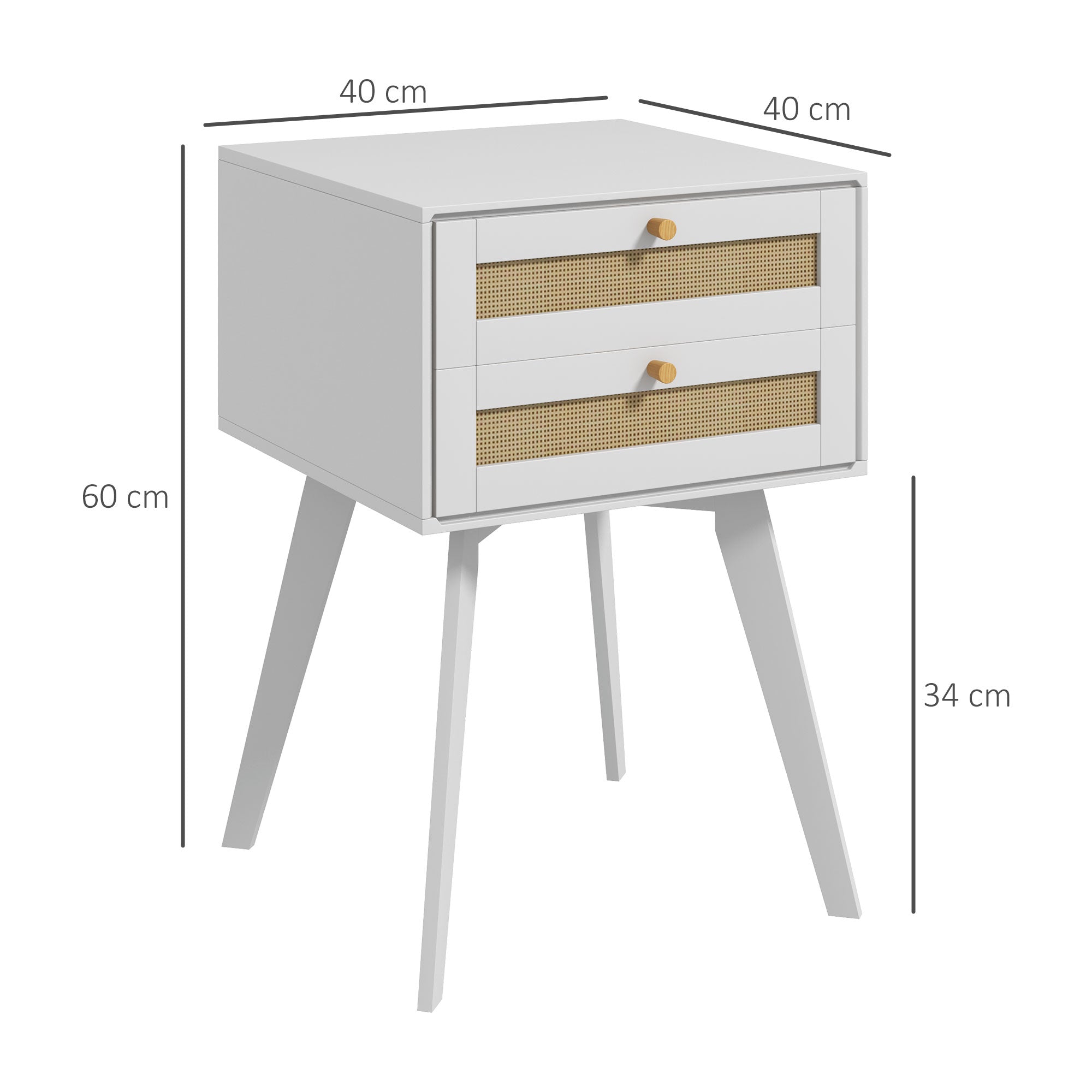 Mesa de Cabeceira Branca Estilo Boho com 2 Gavetas de Vime 40x40x60 cm