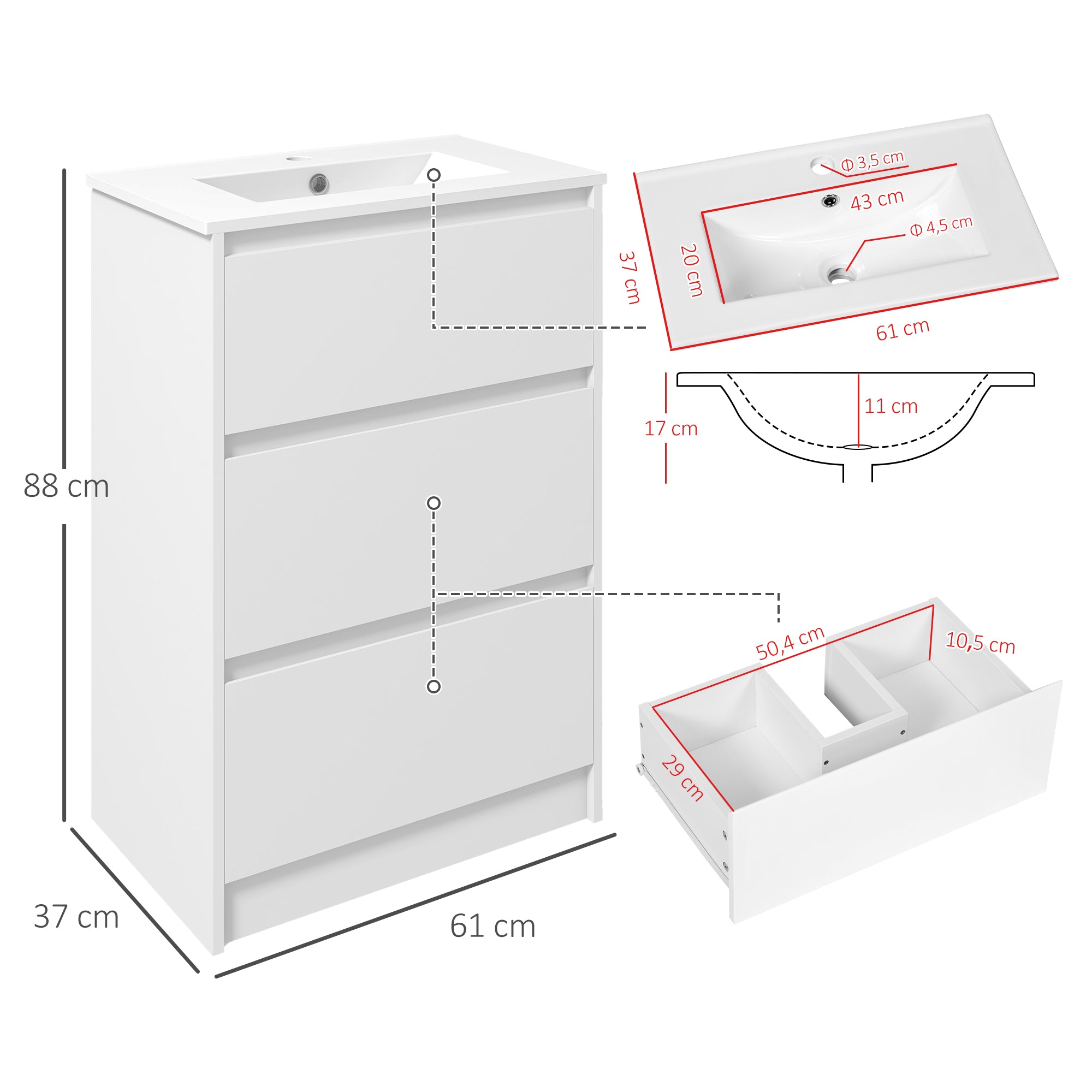 Armário de Casa de Banho com Lavatório 61x37x88 cm - Branco de Alto Brilho