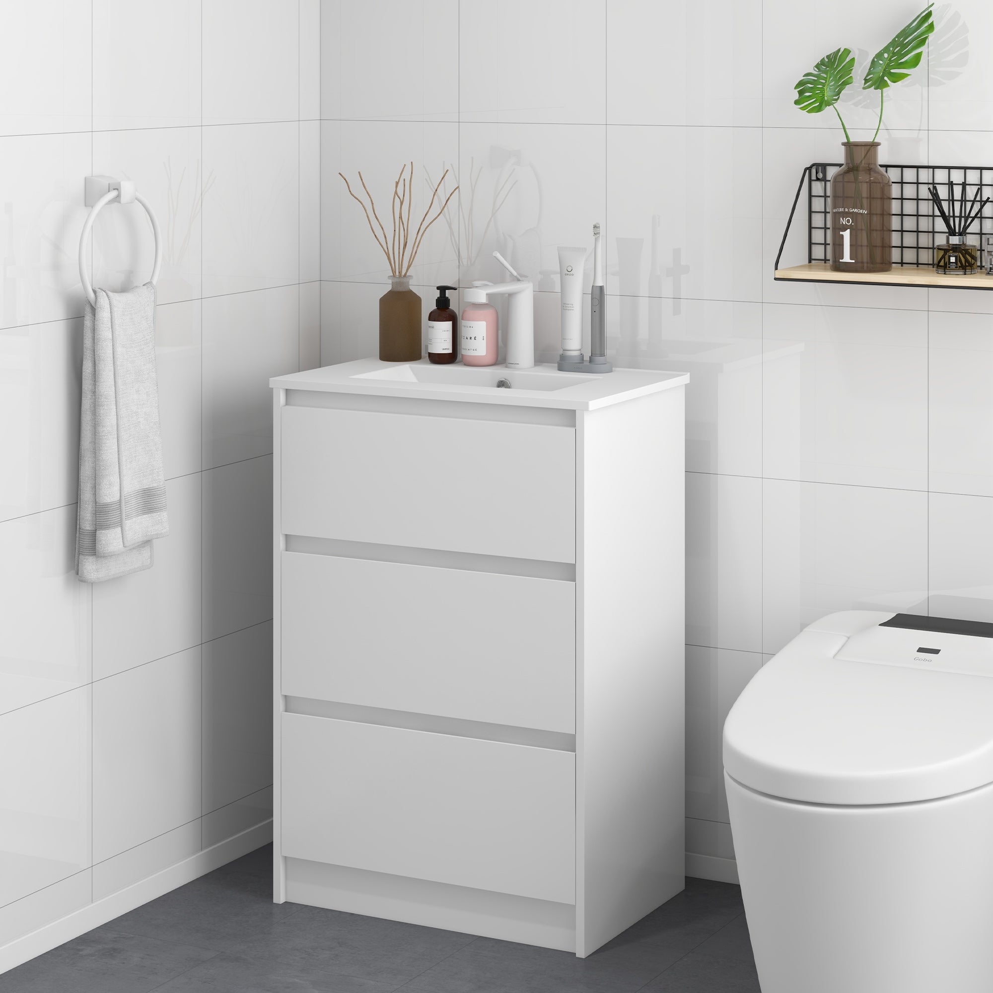 Armário de Casa de Banho com Lavatório 61x37x88 cm - Branco de Alto Brilho