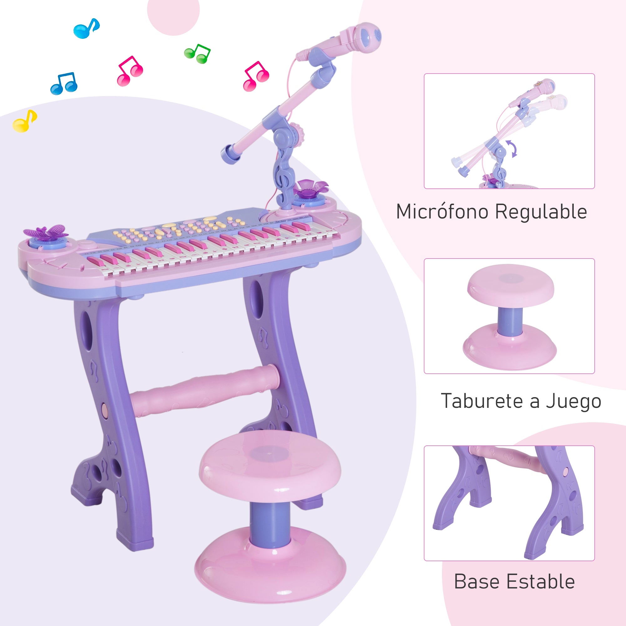 Piano Infantil Eletrónico com Microfone e Luzes - 55x27x83 cm (Rosa)