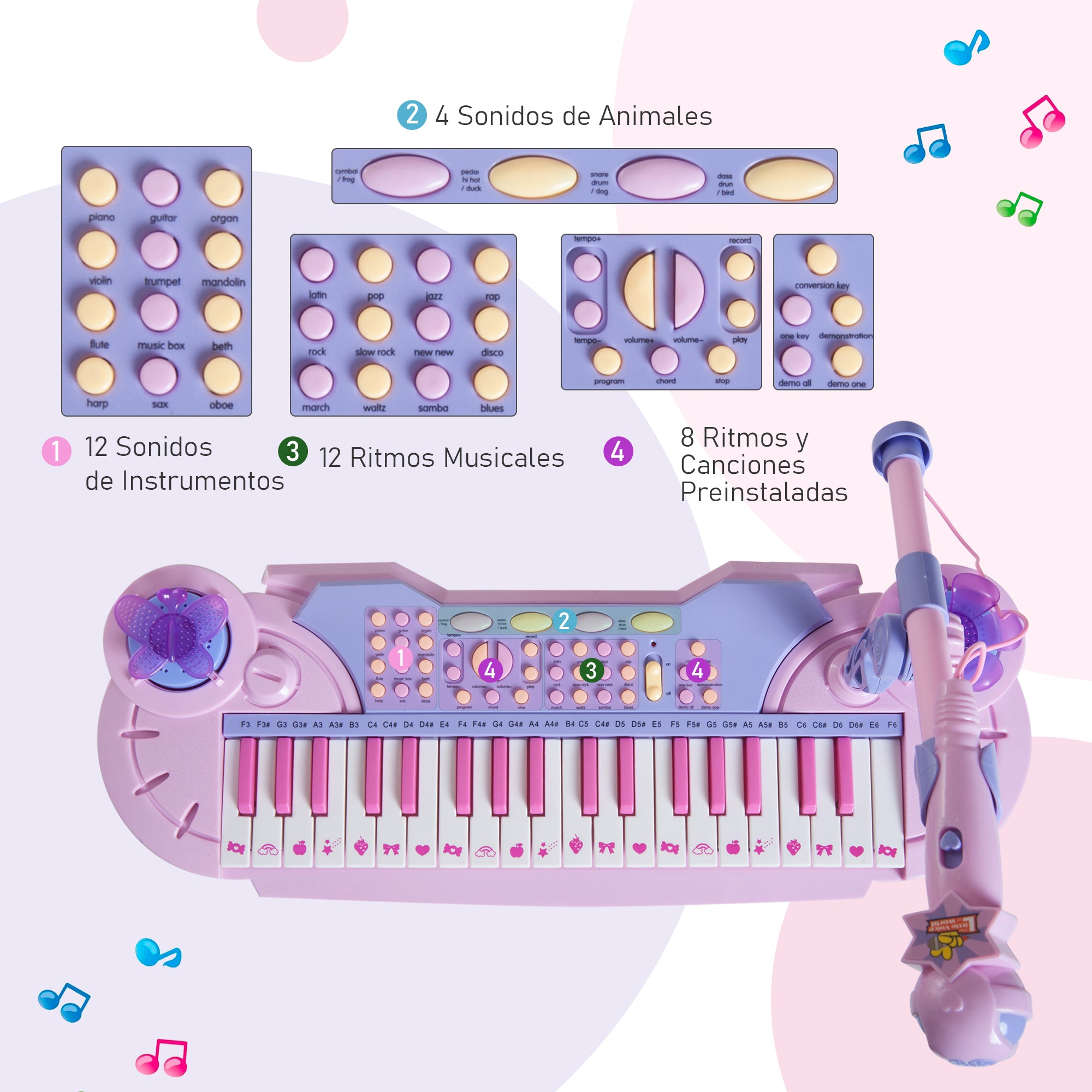 Piano Infantil Eletrónico com Microfone e Luzes - 55x27x83 cm (Rosa)