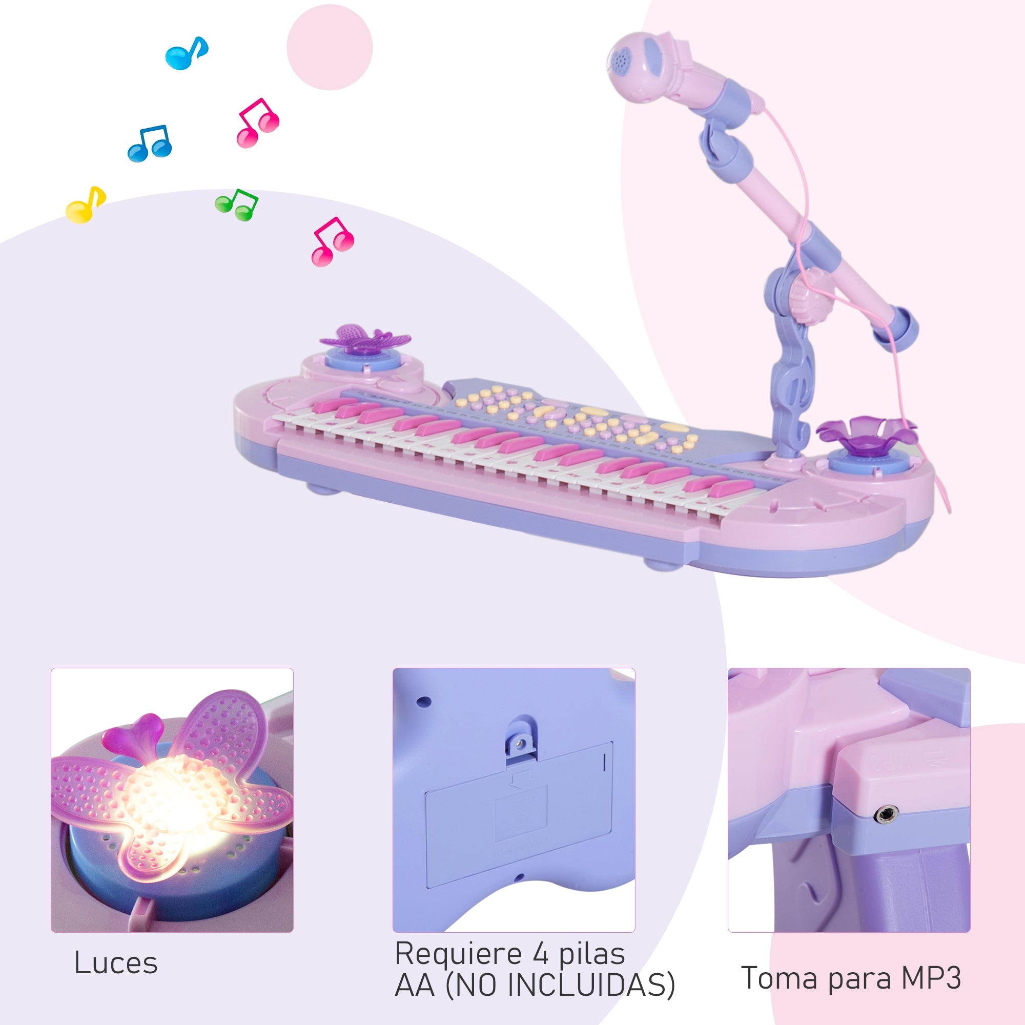 Piano Infantil Eletrónico com Microfone e Luzes - 55x27x83 cm (Rosa)