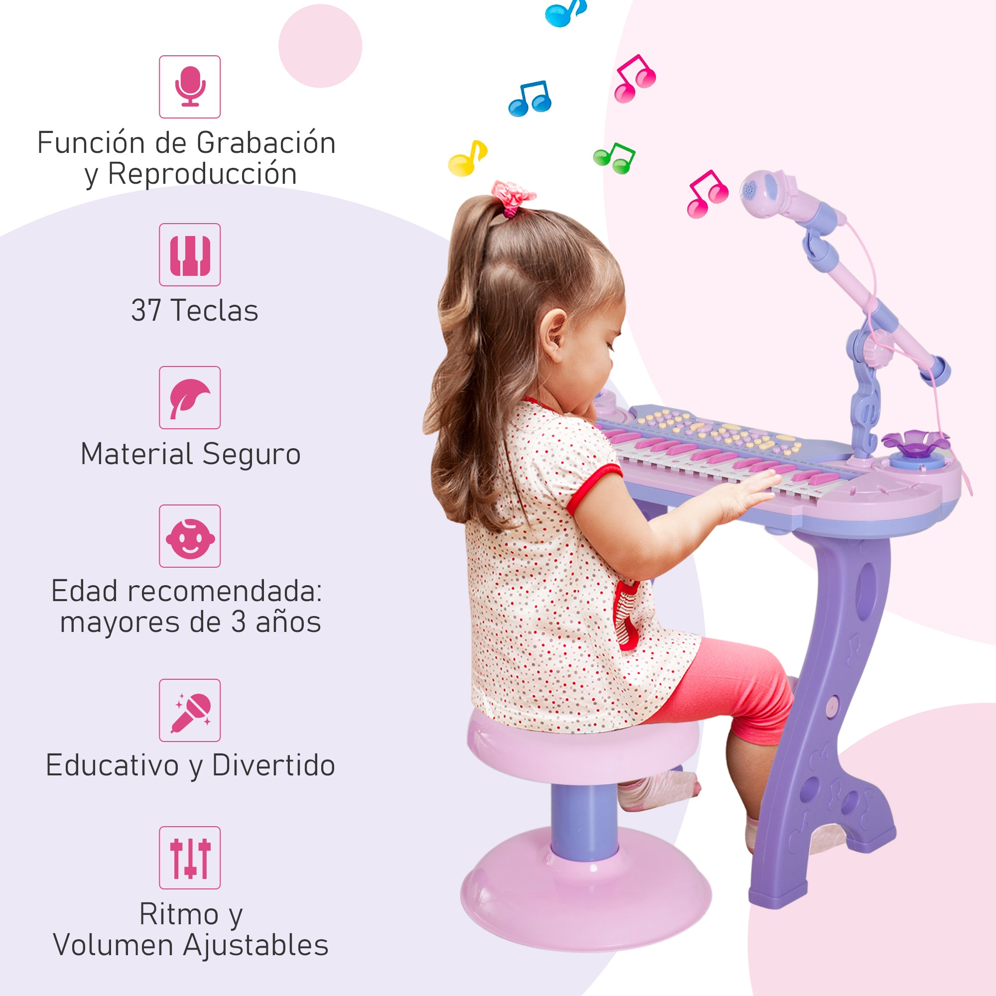 Piano Infantil Eletrónico com Microfone e Luzes - 55x27x83 cm (Rosa)