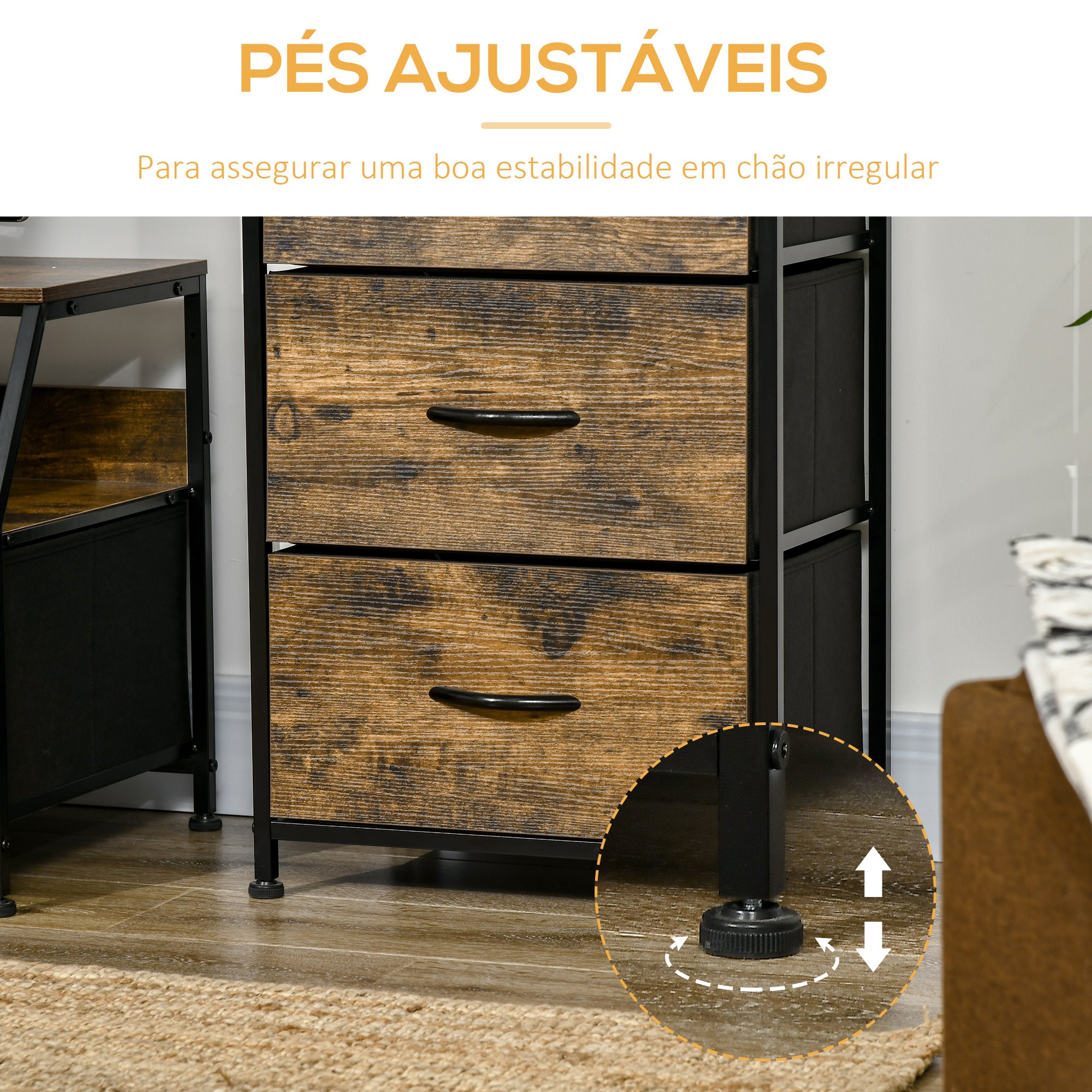 Cómoda de Tecido Dobrável 3 Gavetas e Prateleira 44x29x92cm Castanho Rústico