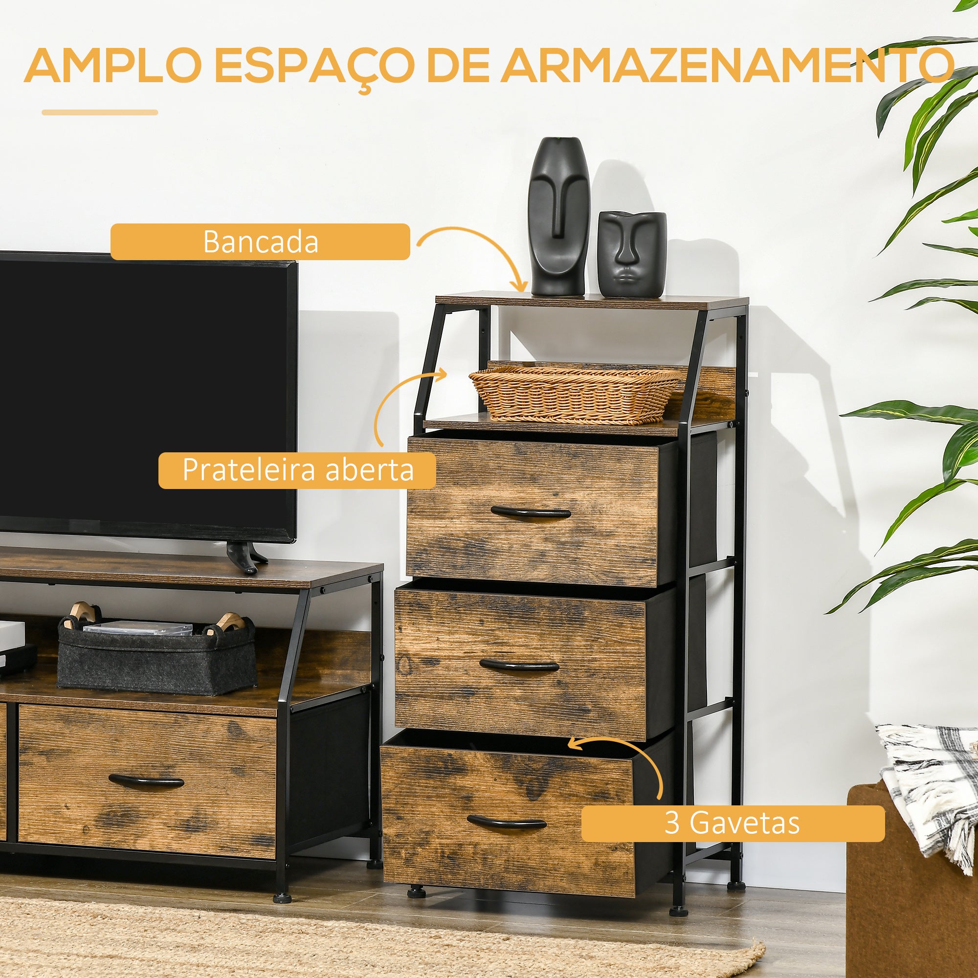 Cómoda de Tecido Dobrável 3 Gavetas e Prateleira 44x29x92cm Castanho Rústico