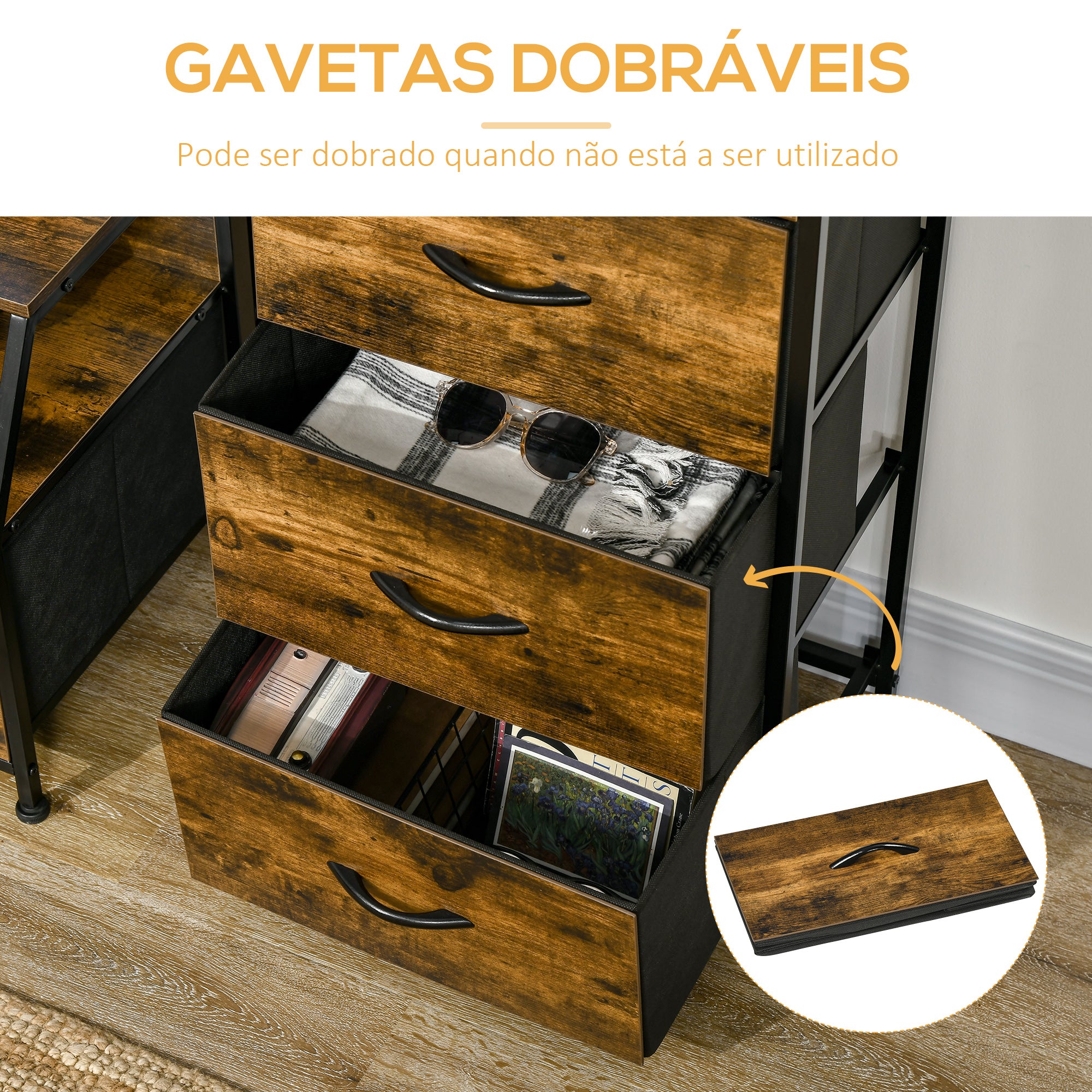 Cómoda de Tecido Dobrável 3 Gavetas e Prateleira 44x29x92cm Castanho Rústico