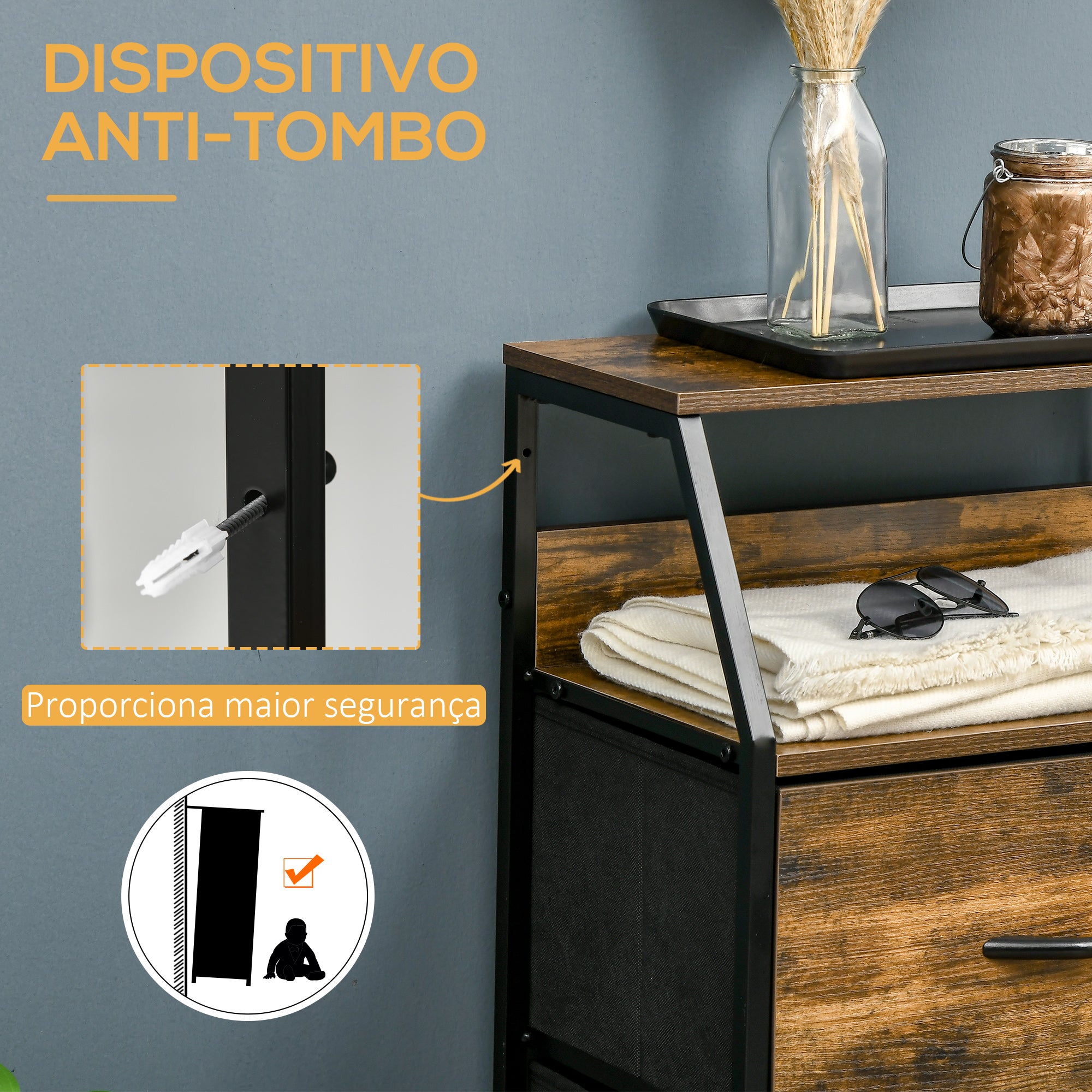 Cómoda de Tecido Dobrável 3 Gavetas e Prateleira 44x29x92cm Castanho Rústico