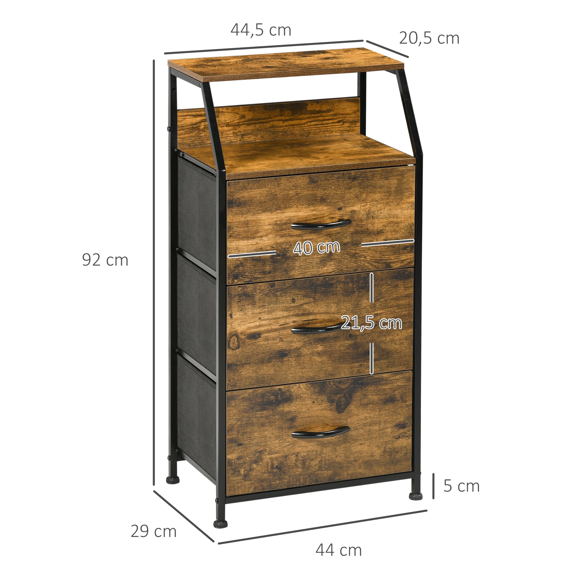 Cómoda de Tecido Dobrável 3 Gavetas e Prateleira 44x29x92cm Castanho Rústico