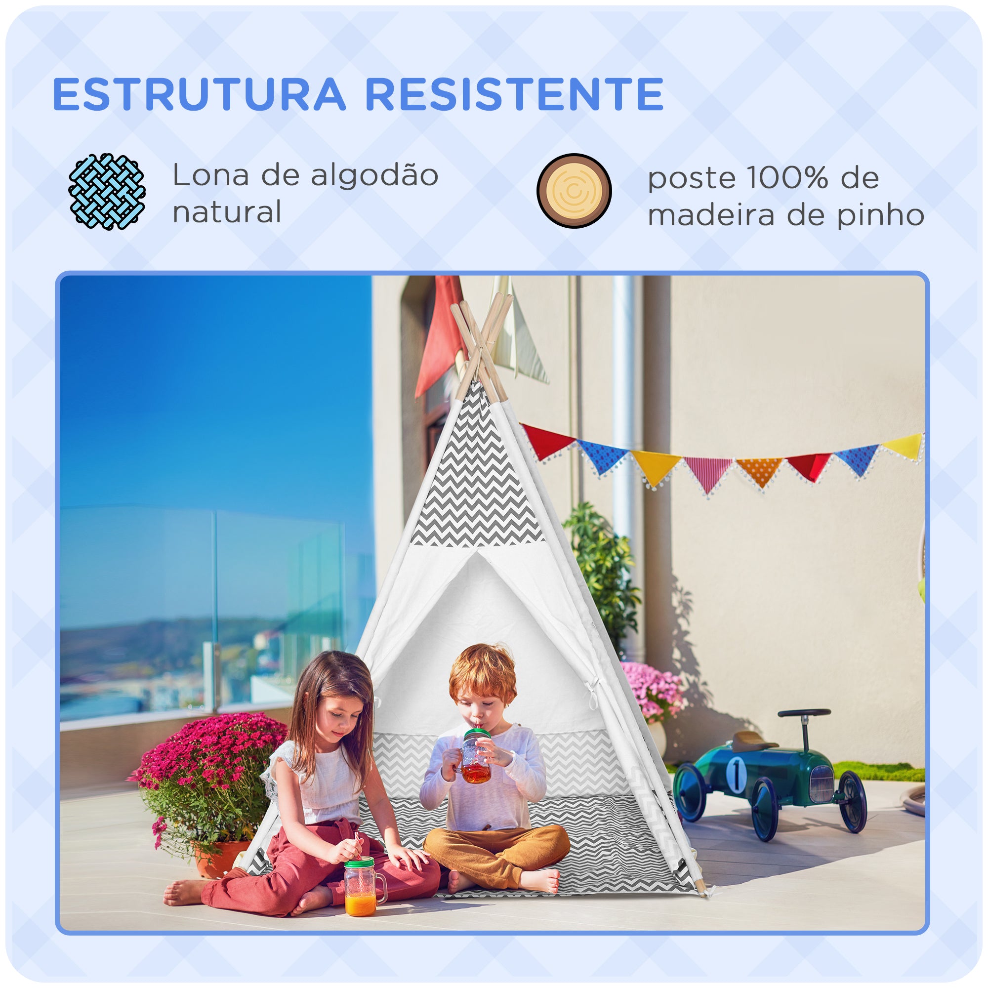 Tenda Tipi Infantil – 120x120x155 cm – Cinza Claro – Madeira e Tecido