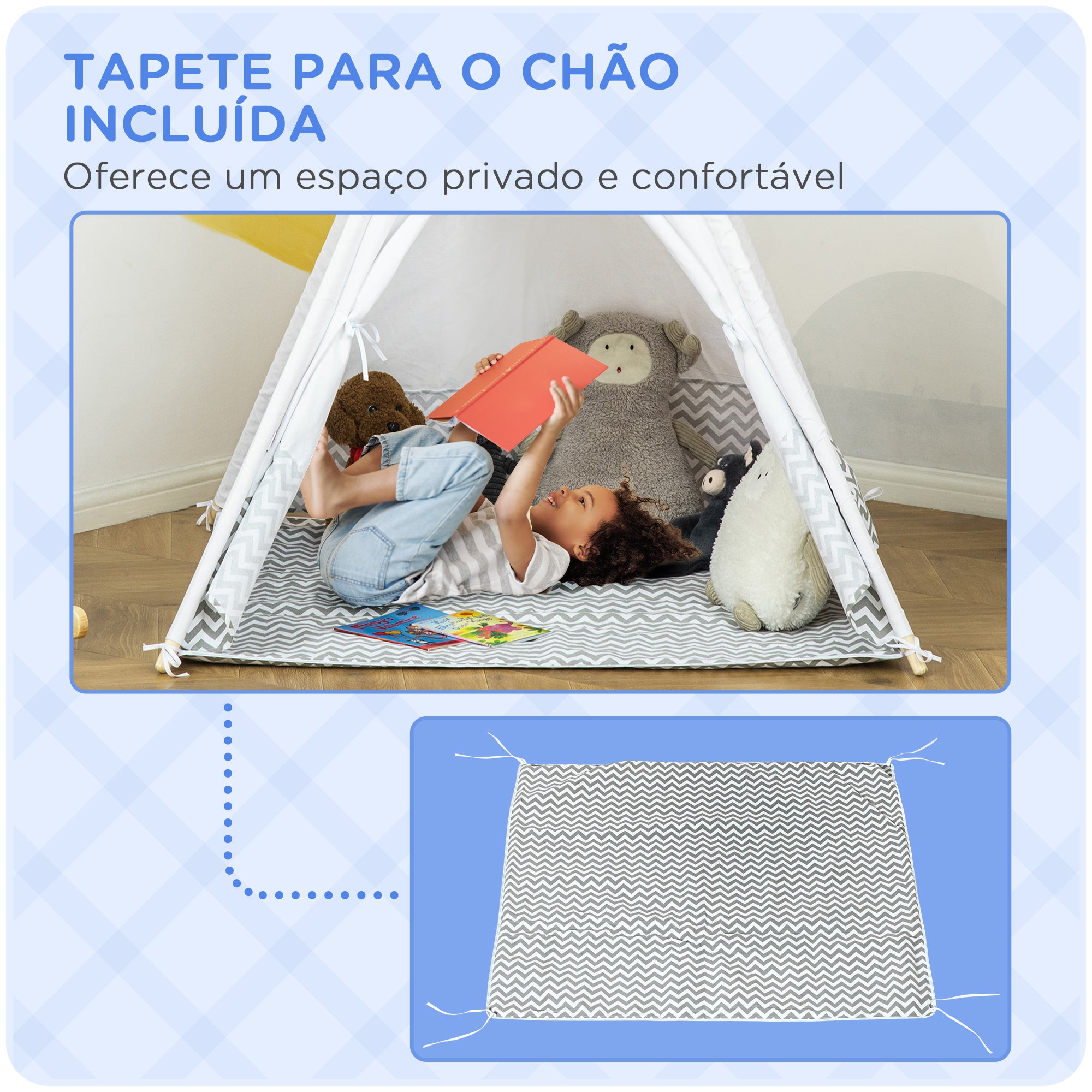 Tenda Tipi Infantil – 120x120x155 cm – Cinza Claro – Madeira e Tecido