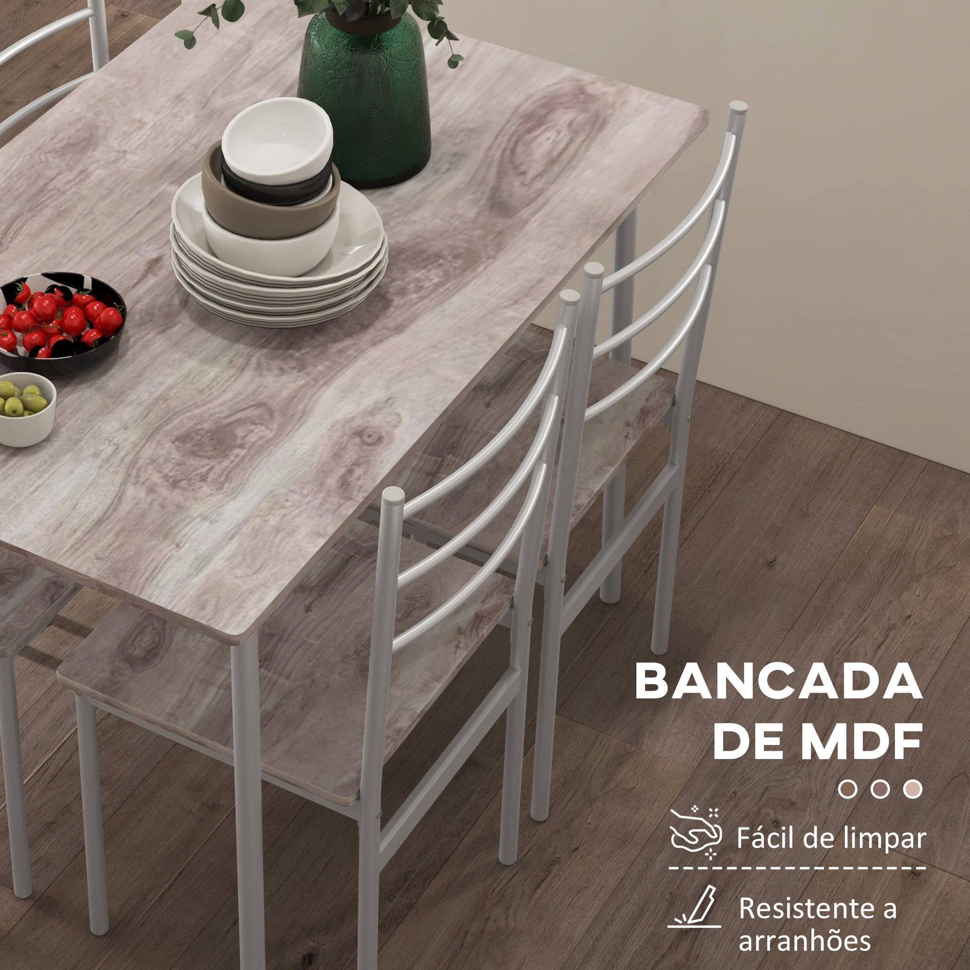 Conjunto de Refeição 5 Peças – 110x70x75 cm – Branco – MDF e Aço
