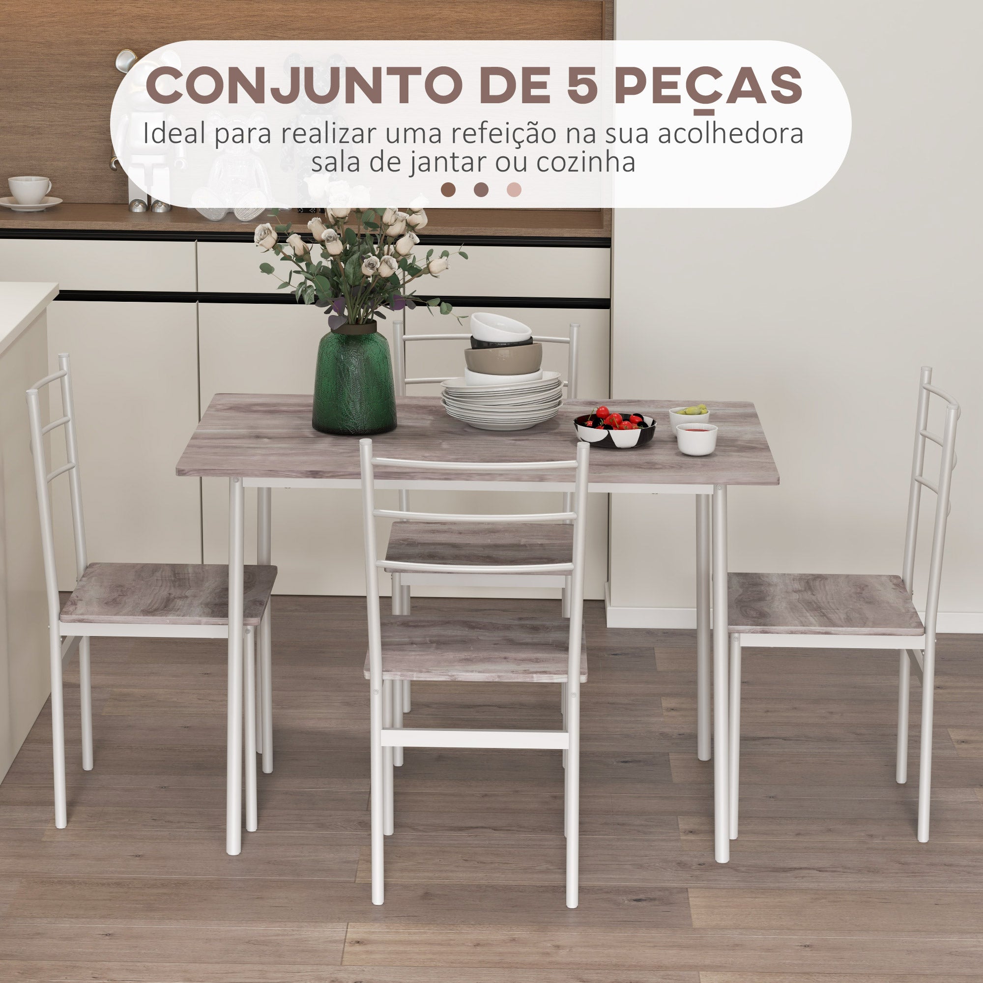 Conjunto de Refeição 5 Peças – 110x70x75 cm – Branco – MDF e Aço