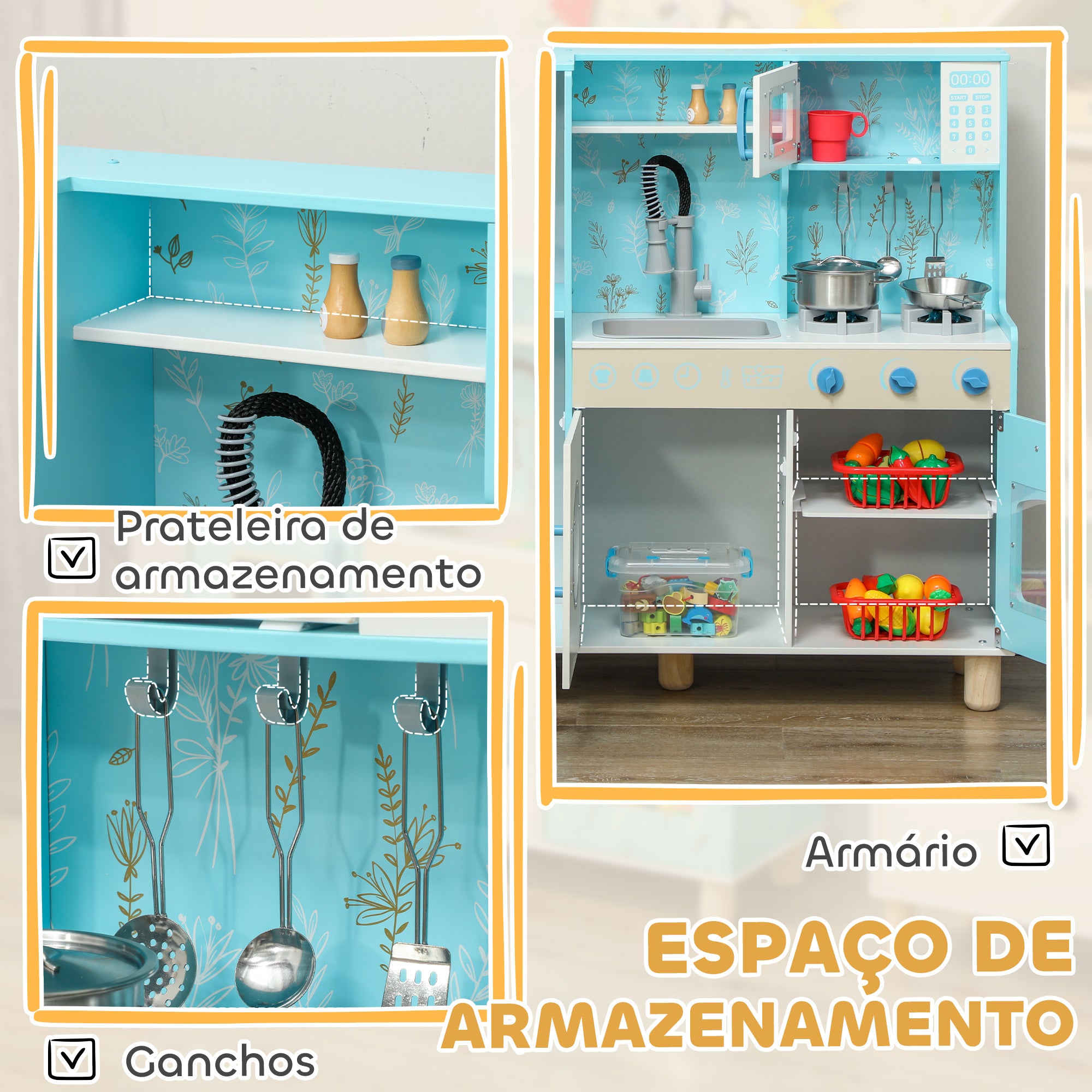 Cozinha de Madeira para Crianças 90x33,3x91,6 cm Azul