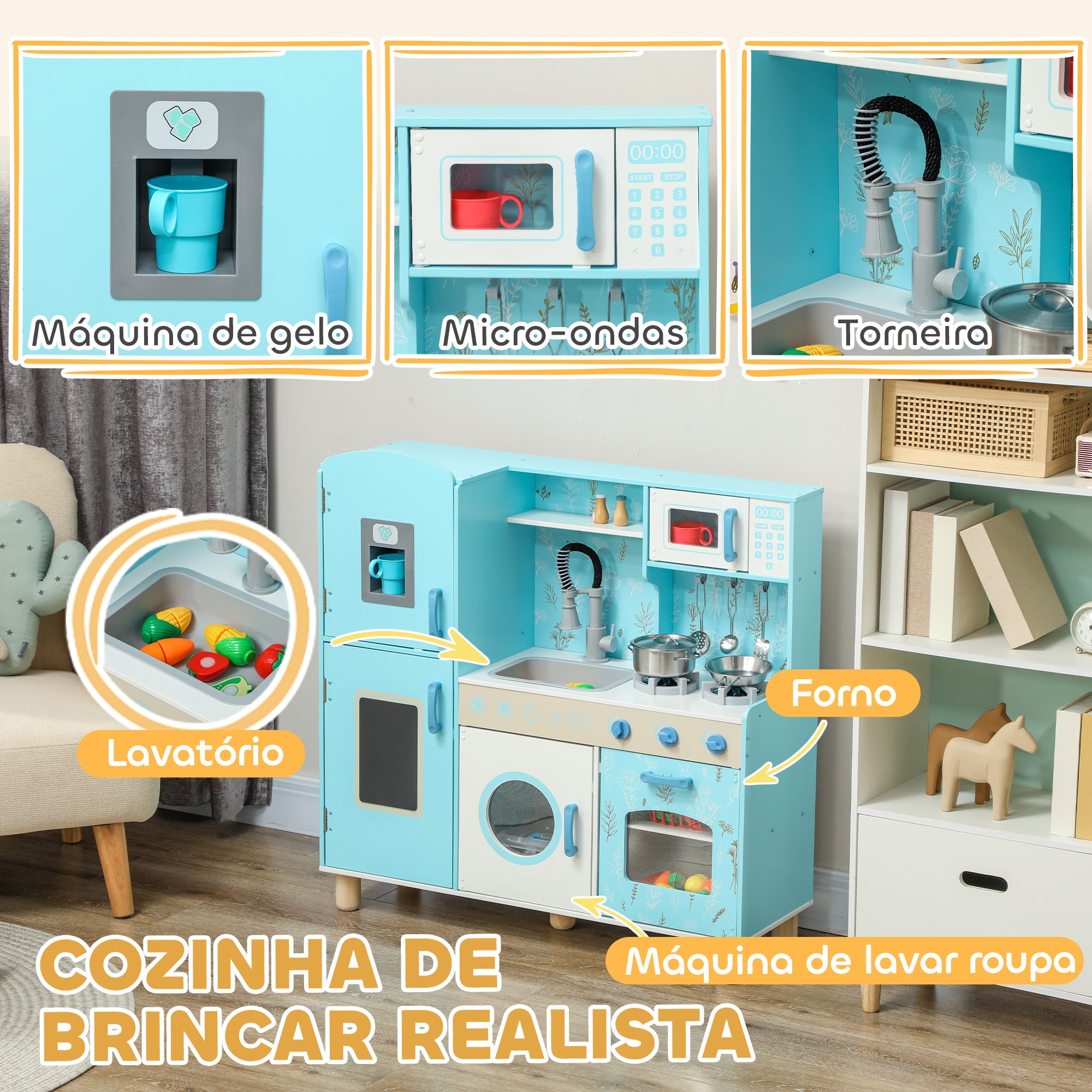 Cozinha de Madeira para Crianças 90x33,3x91,6 cm Azul