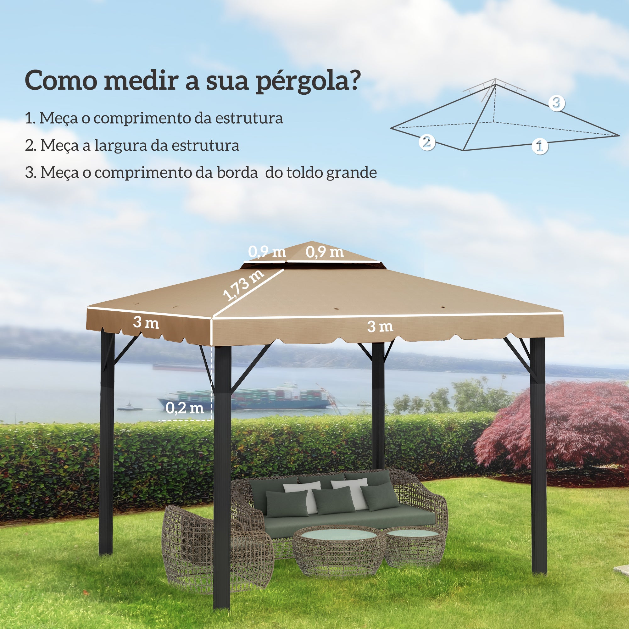 Cobertura de Substituição para Gazebo/Pérgola Cáqui 300x300 cm para Pérgola com Teto Duplo