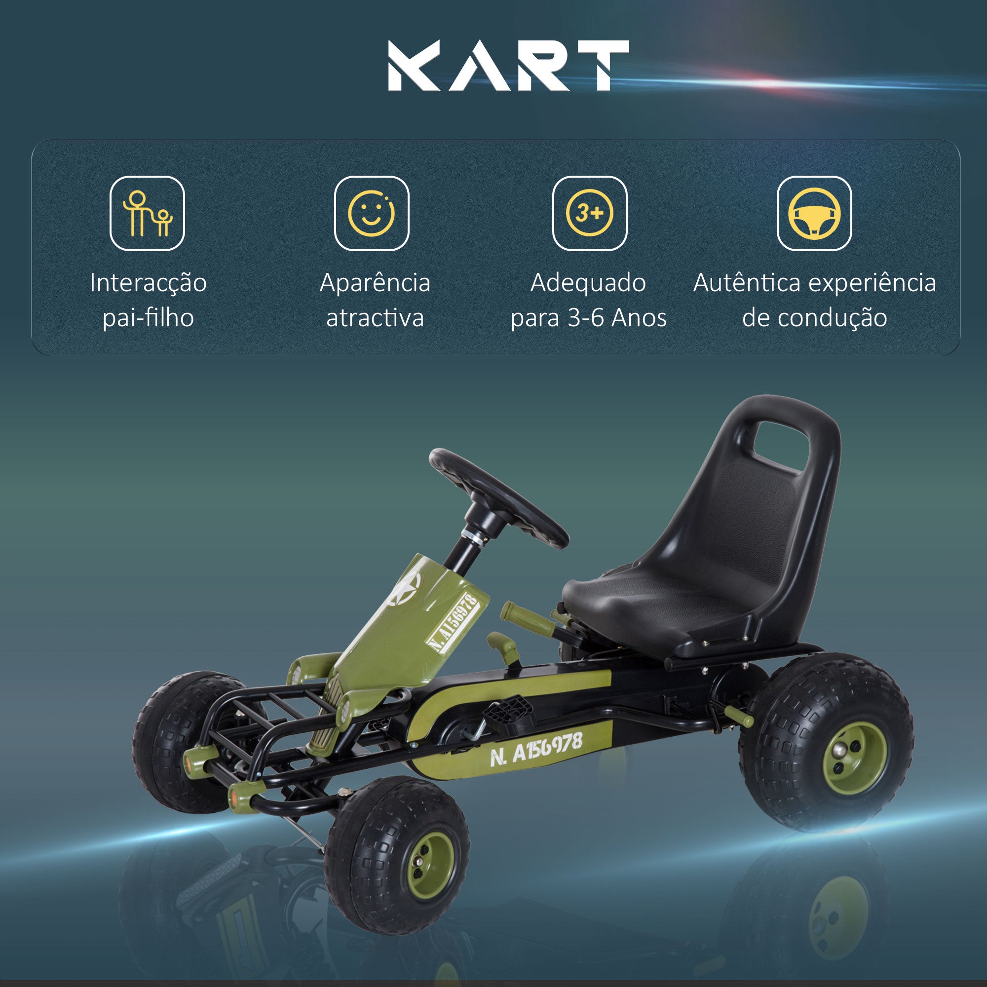 Kart a Pedais com Assento Ajustável 99x65x56 cm Negro e Verde